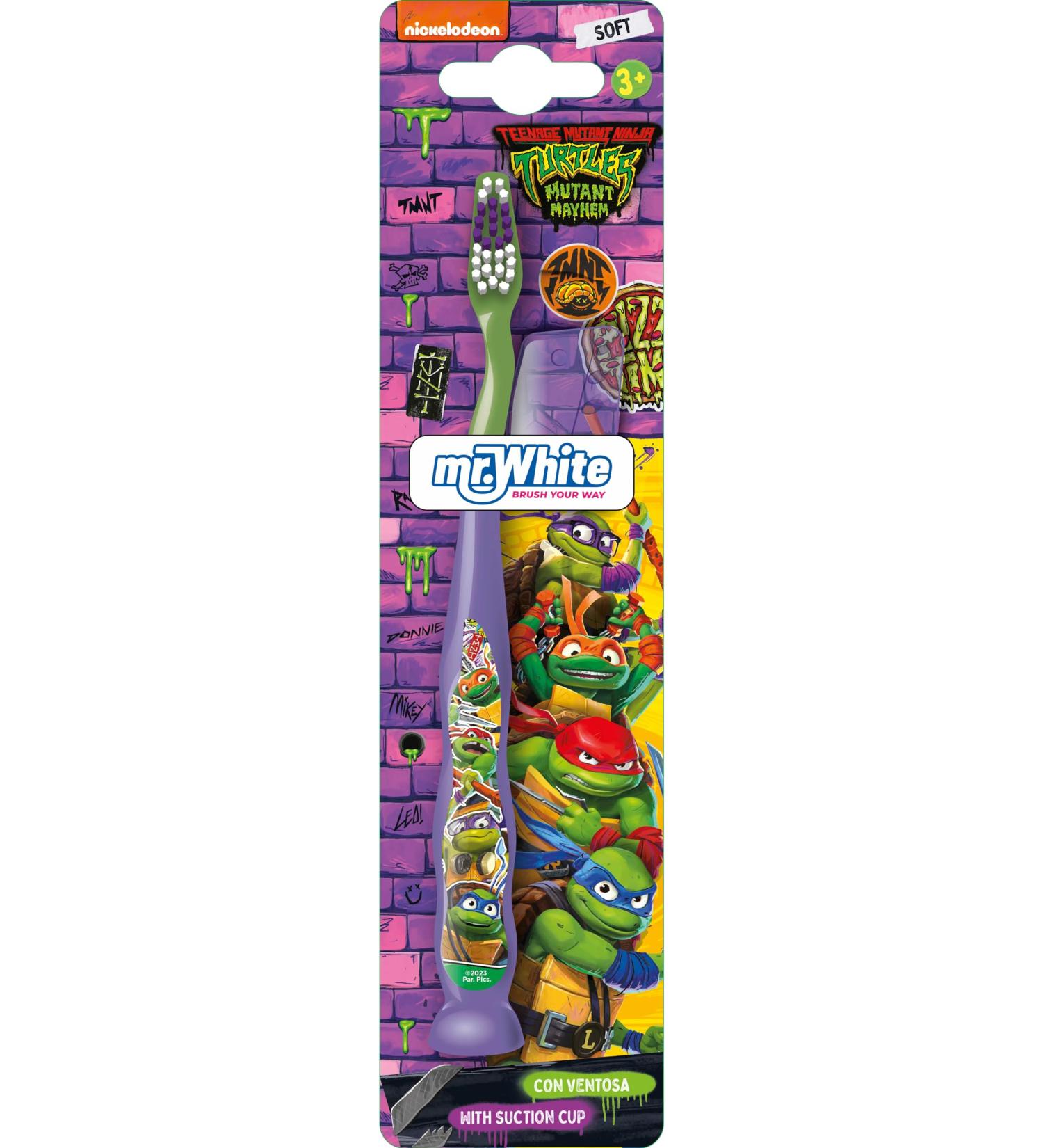Mr.White Official Licensed Ninja Turtles Manual Toothbrush : Perfect for Kids 3+ Years with with Suction Cup and Travel Cap - Soft Rounded Bristles for Gentle Clean Purple Pack of 1