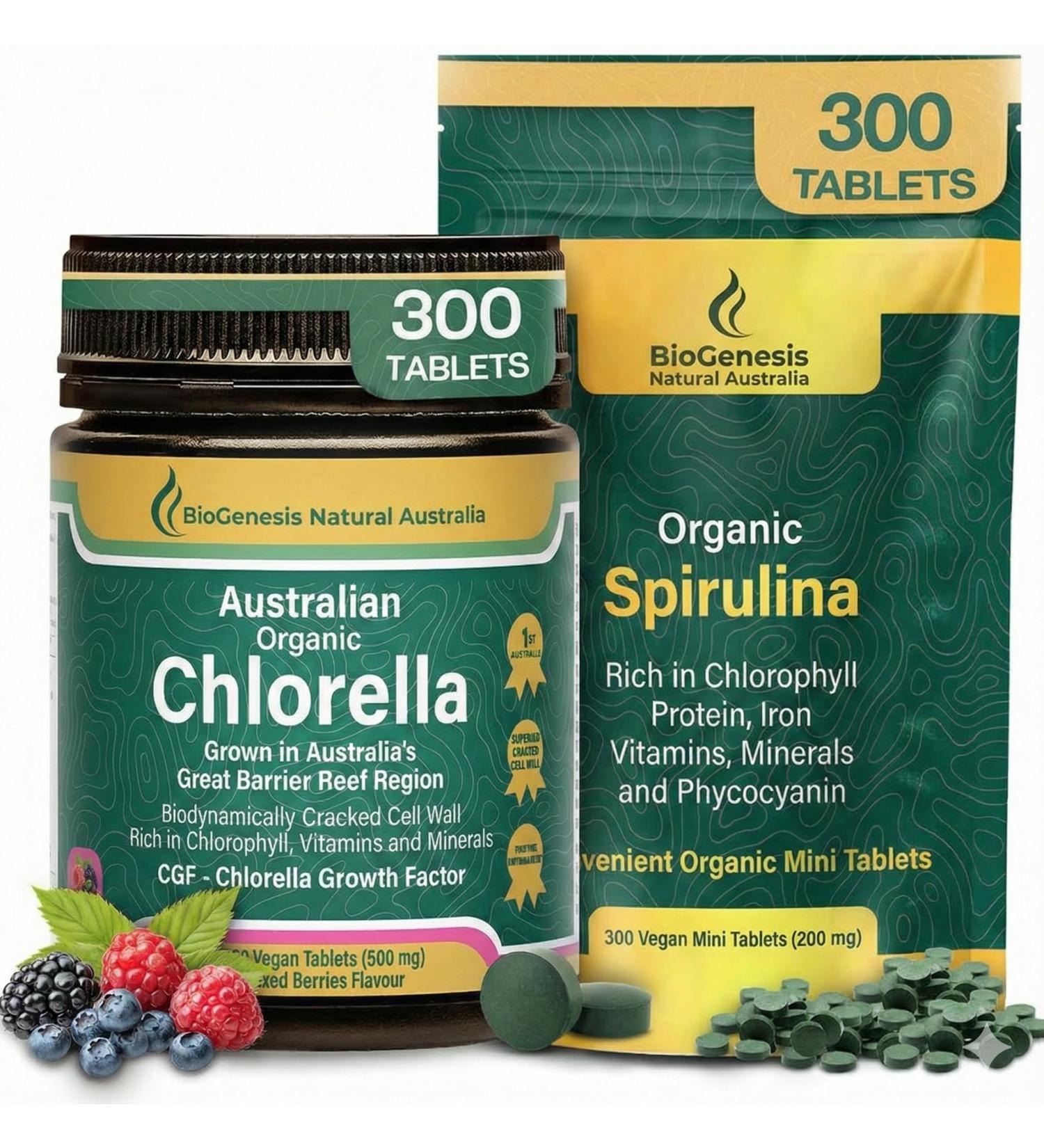 Biogenesis Australian Superfood Duo Organic Spirulina (200mg) & Berry Chlorella (500mg) 300 Tablets Each (600 Total) Complete Green Algae Complex for Daily Energy Immune Support & Natural Detox - Buy Online on GoSupps.com