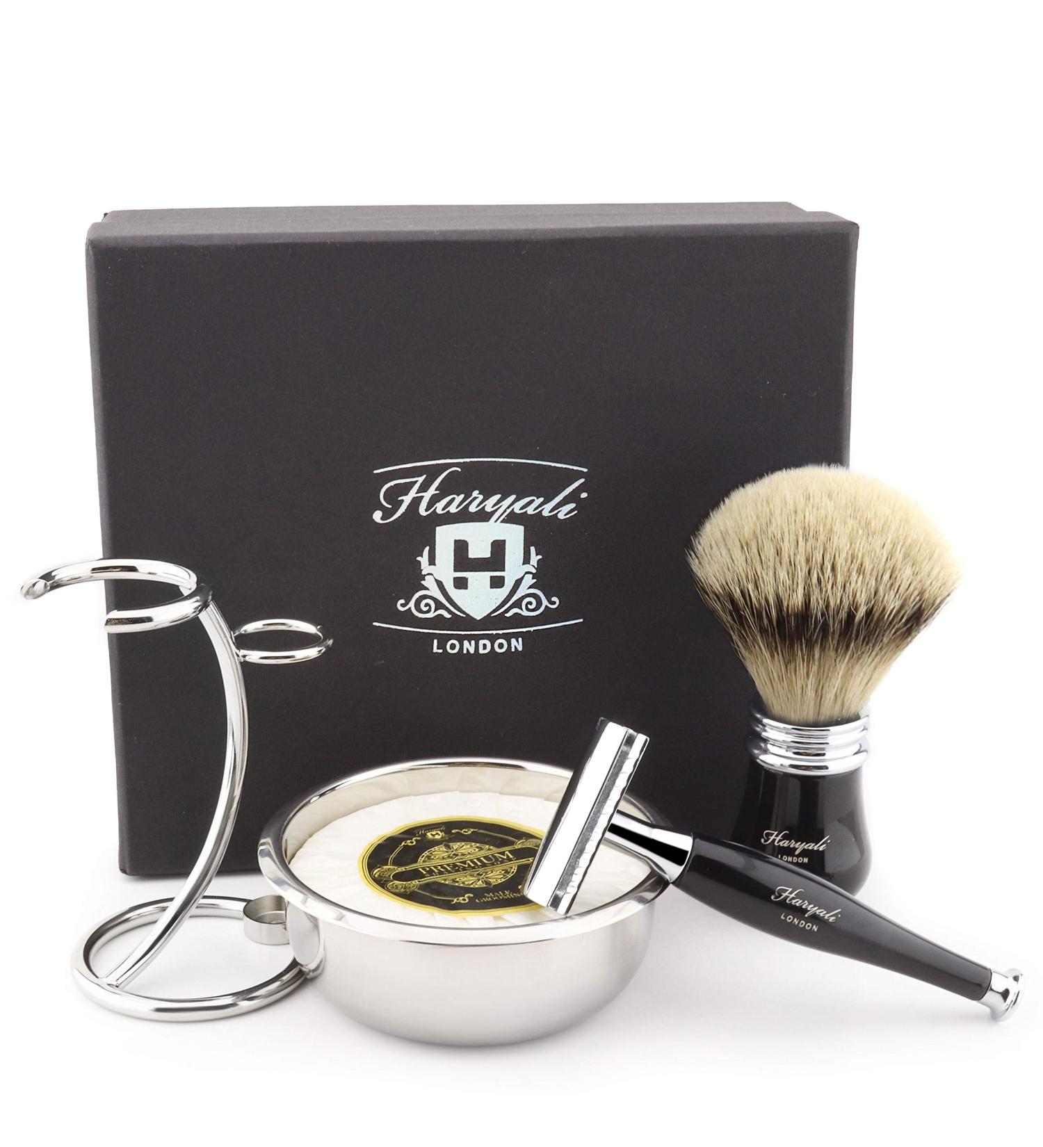 Haryali London Men's Shaving Set - Double Edge Safety Razor Silver Tip Badger Brush Stand Soap & Bowl | Premium International Shipping - Buy Online on GoSupps.com