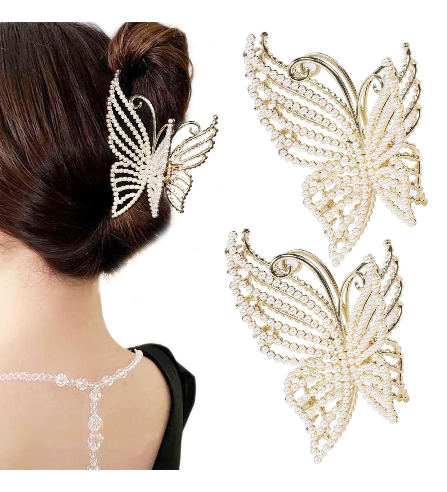 2Pcs Butterfly Pearl Hair Claw Clips - Non Slip Strong Hold Hair Jaw Clips with Bling Pearls - Elegant Hair Accessories for Women and Girls - Buy Online on GoSupps.com
