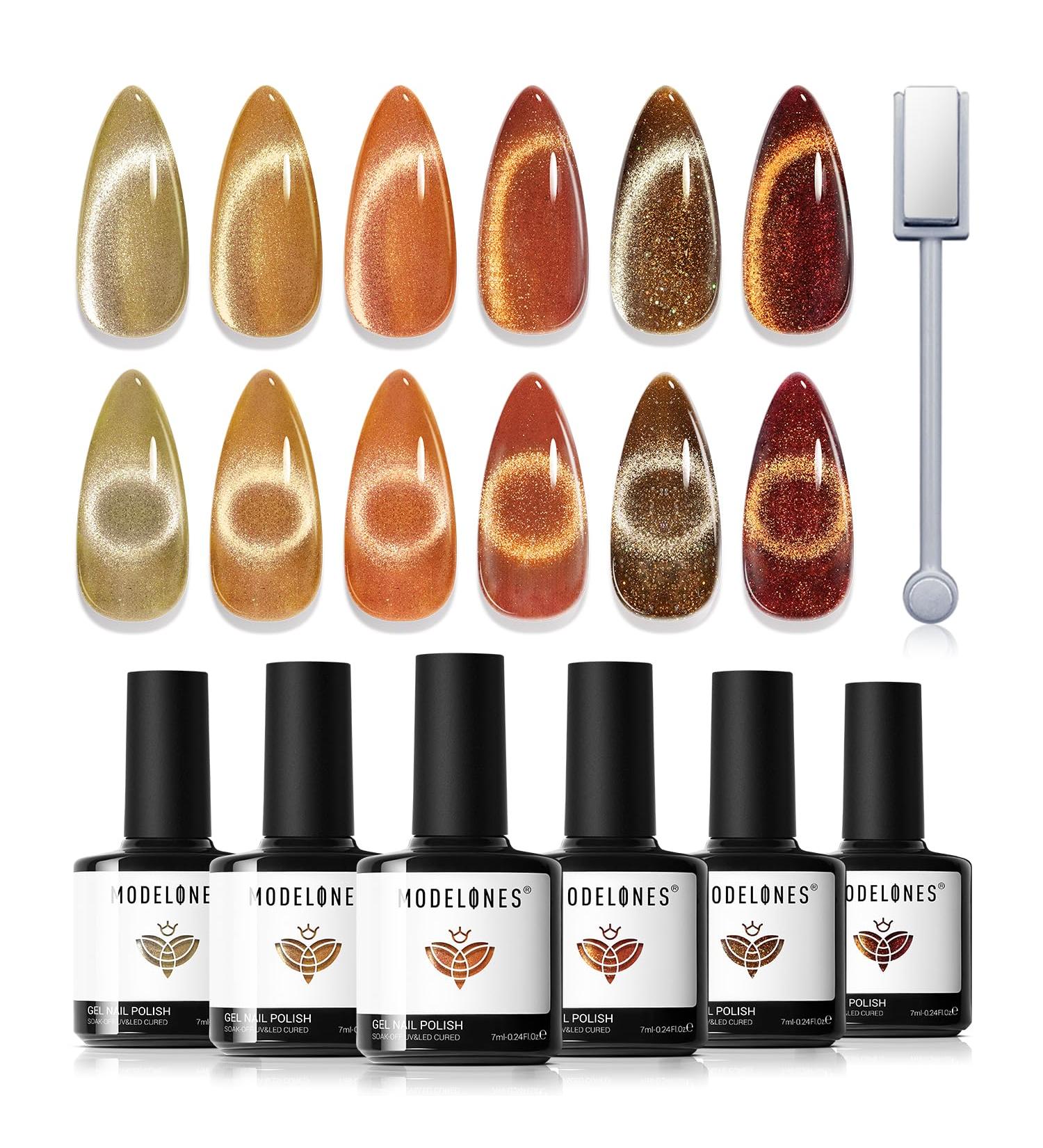 Modelones Cat Eye Gel Nail Polish Set 6 Colors Holographic Orange Brown Nude Gel Polish Glitter 9D Magnetic Gel Polish Autumn Gel Polish with Magnet Nail Art DIY Salon For Women - Buy Online on GoSupps.com
