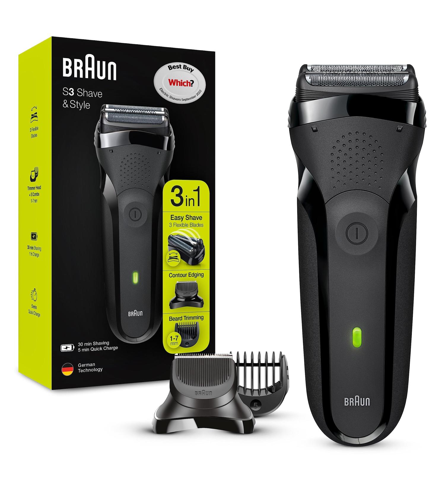 Braun Series 3 Style & Shave Electric Shaver For Men | Precision Trimmer & 5 Comb Set | Gifts For Men UK | Black Razor 300BT - Buy Online on GoSupps.com
