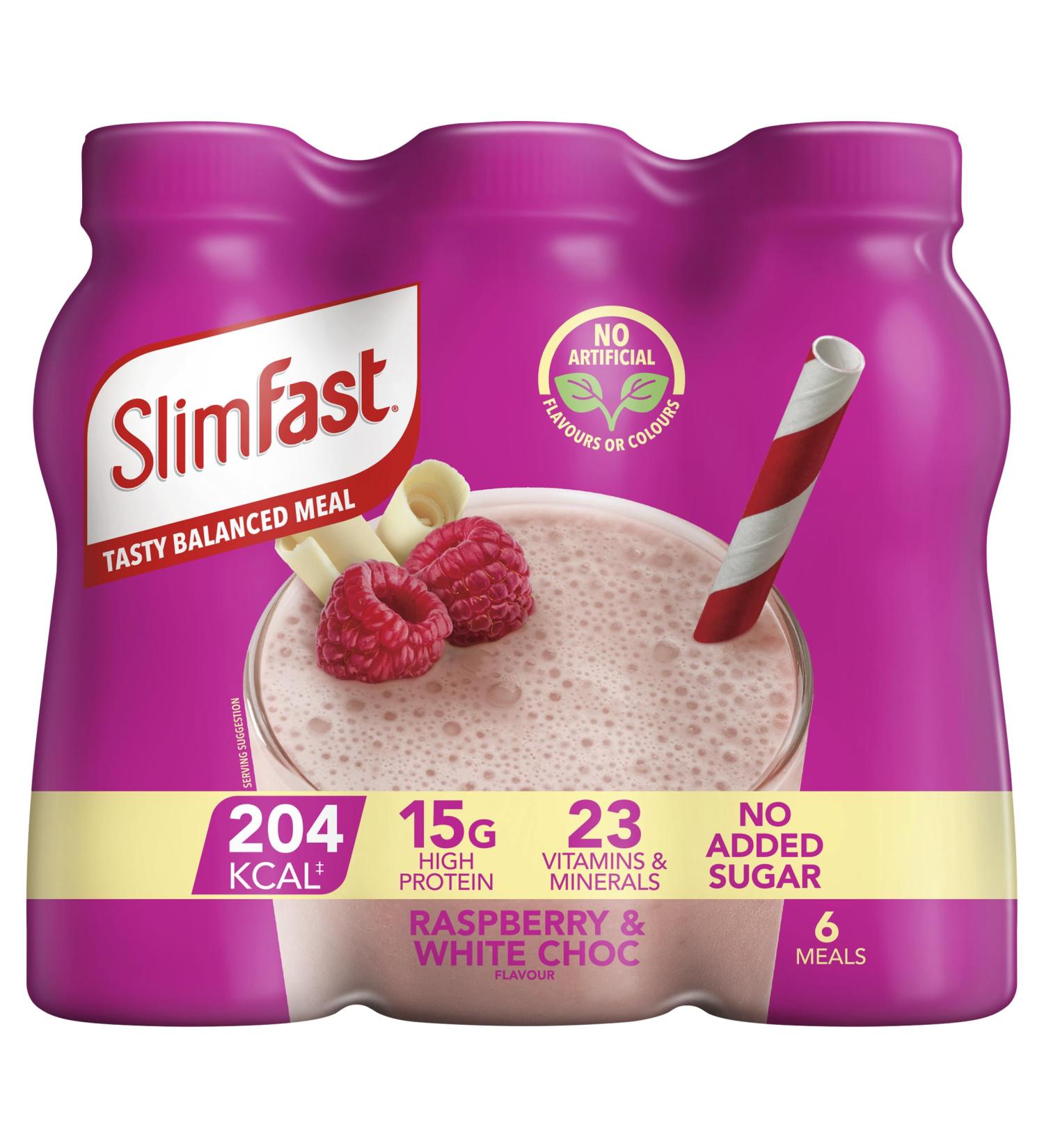 SlimFast SlimFast 6-pack of meal replacement shakes for weight loss and balanced nutrition rich in protein vitamins and minerals no added sugar raspberry and white chocolate flavor 6 x