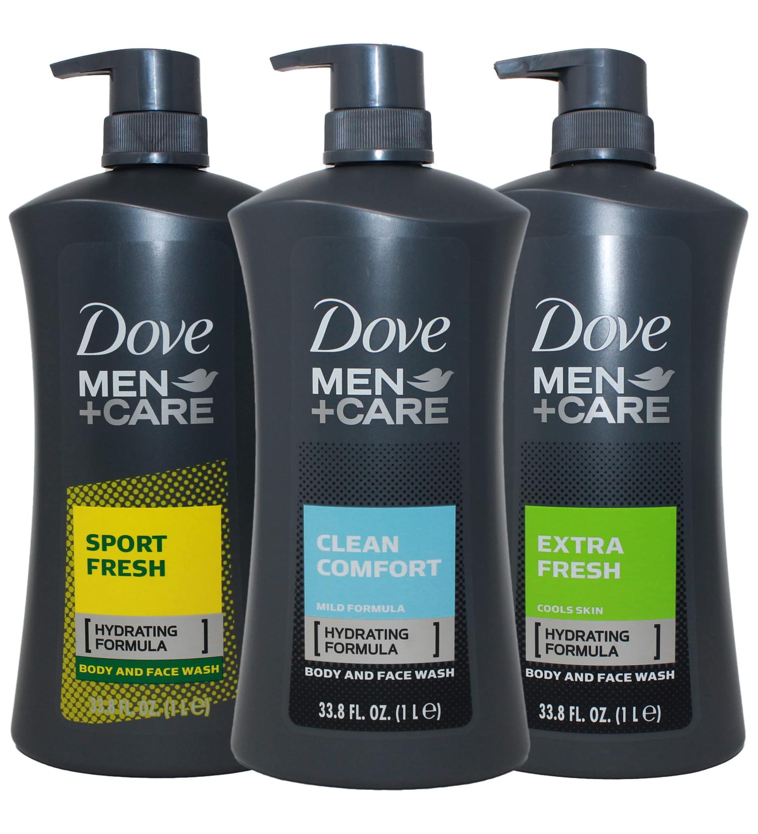 Dove Men Body Wash, Variety Set of 3, Clean Comfort, Extra Fresh and Sport Fresh, 1 Liter Pump Bottle 33.8 Fl Oz (Pack of 3)