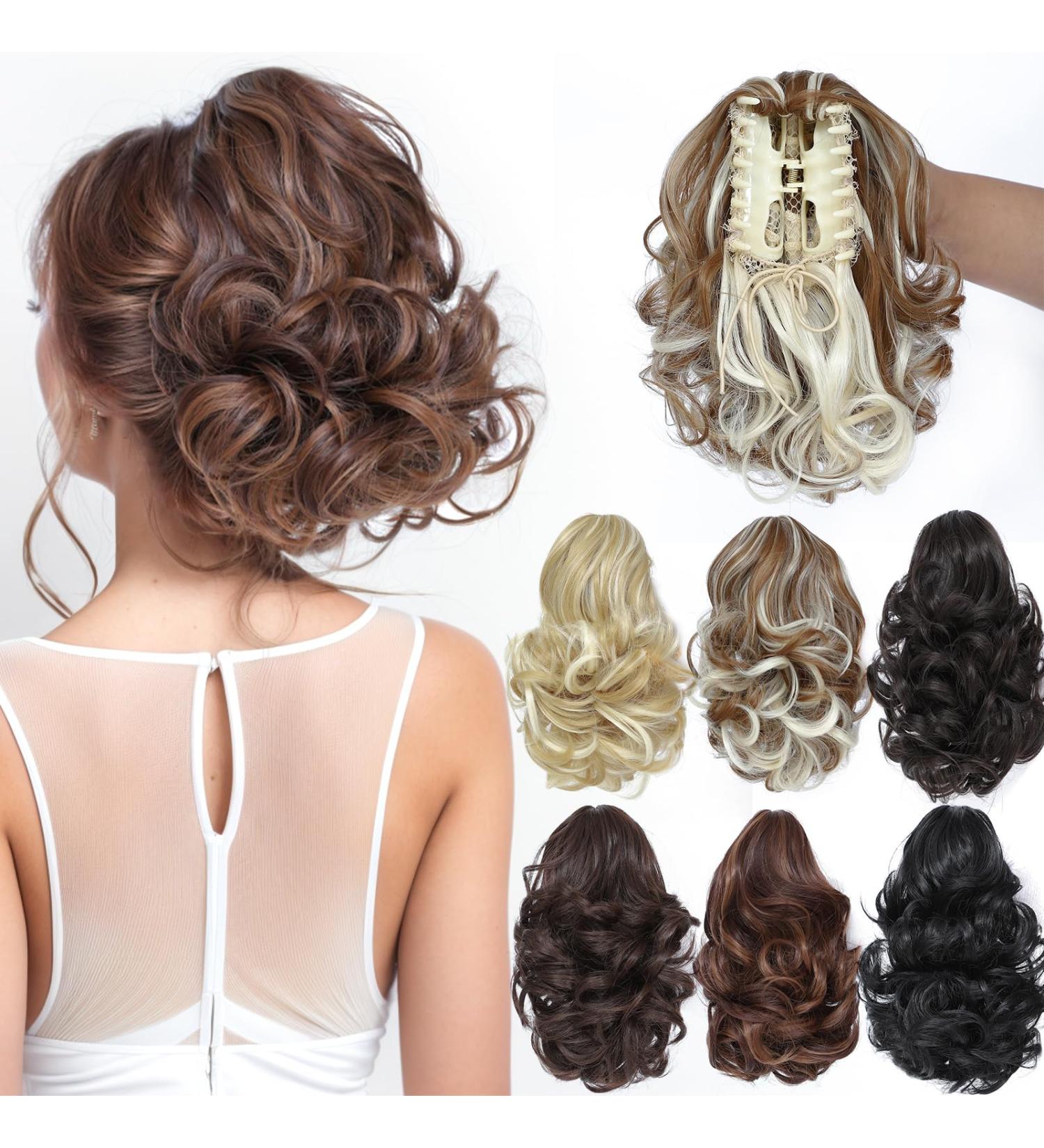 Parxitn 20cm Short Curled Ponytail Extension - Camel Brown & Bleach Blonde Claw Clip Synthetic Hair - Buy Online on GoSupps.com