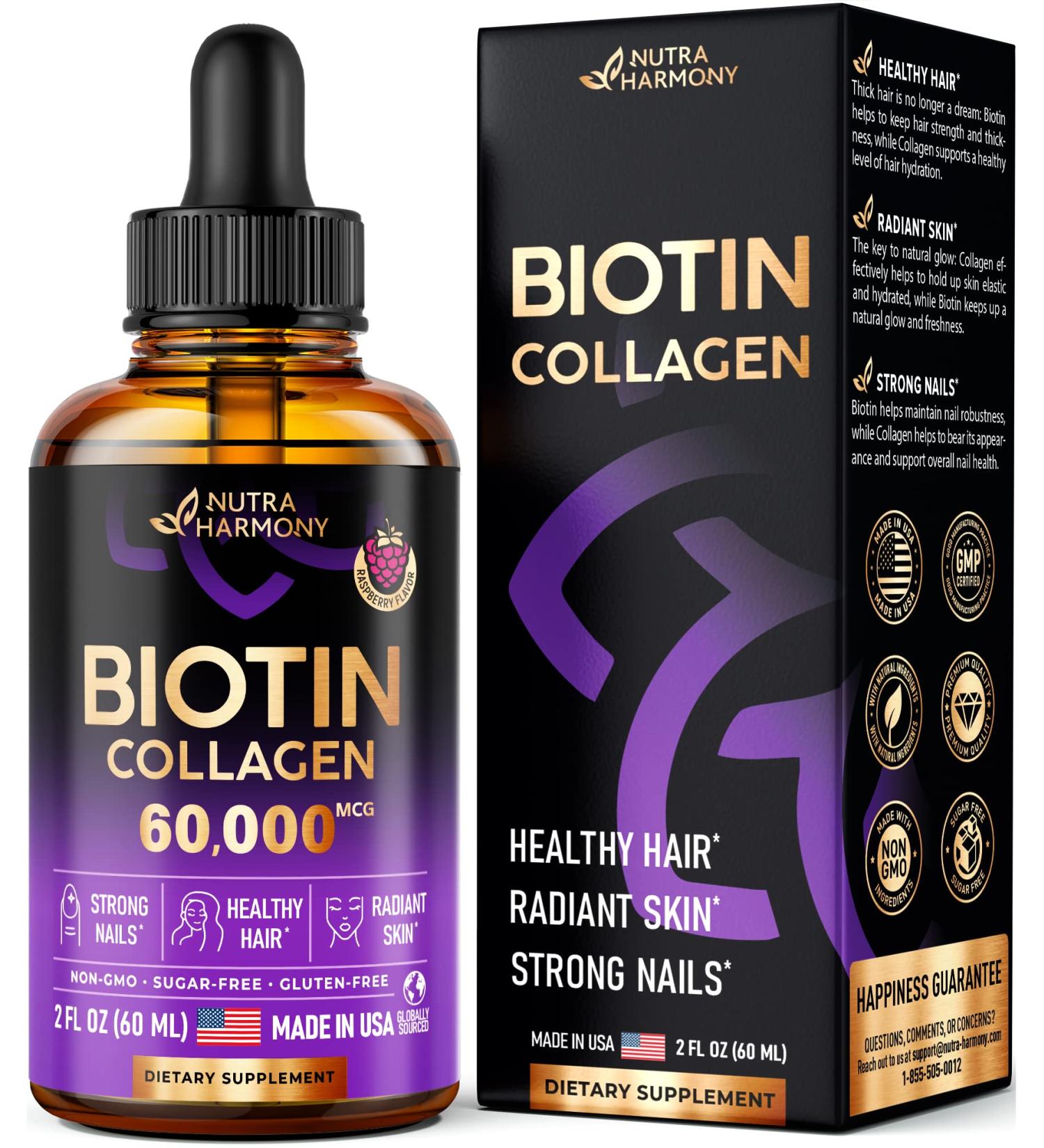 NUTRAHARMONY Liquid Biotin & Collagen - Extra Strength 60000 mcg - Hair Growth & Skin Health - Fast Absorption - B7 Supplement for Men & Women - Buy Online on GoSupps.com