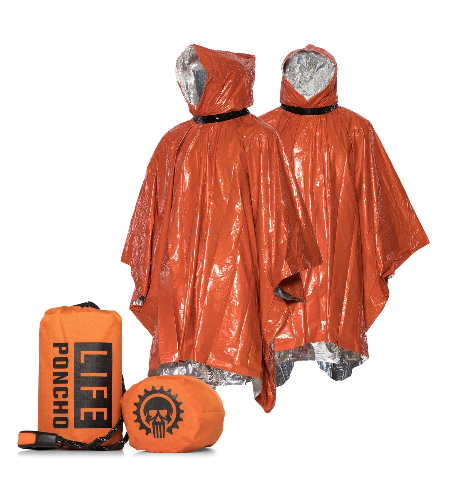 Emergency Survival Poncho Set with Thermal Mylar Blankets - Camping, Hiking, Bug Out Bag Gear - Includes Whistle & Paracord String (Orange) - Buy Online on GoSupps.com