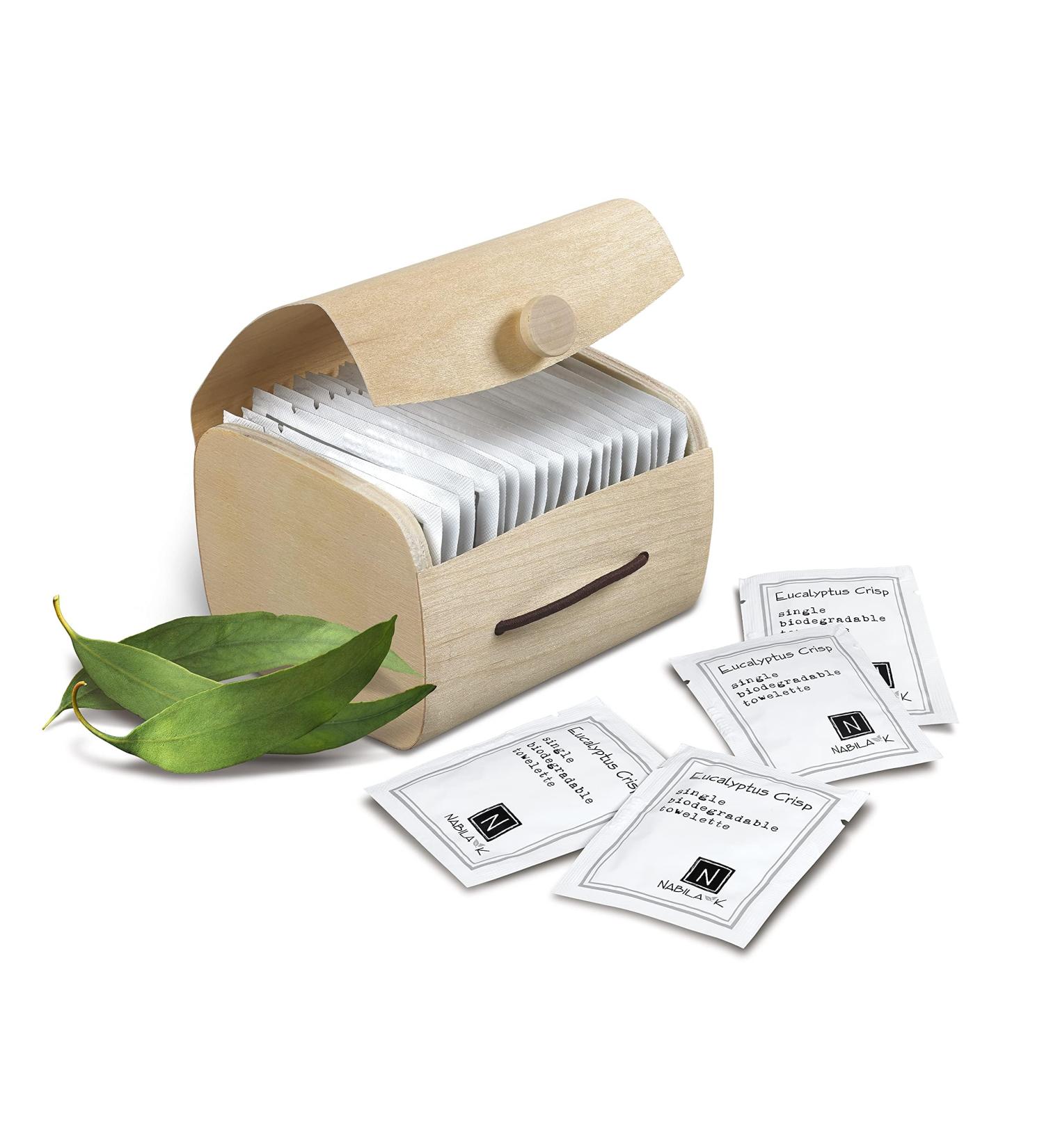 Eucalyptus Crisp Scented Moist Towelettes - Alcohol-Free Plant-Based Travel Size Wipes (20 Count) by Nabila K - Eco-Friendly Bamboo Case - Buy Online on GoSupps.com