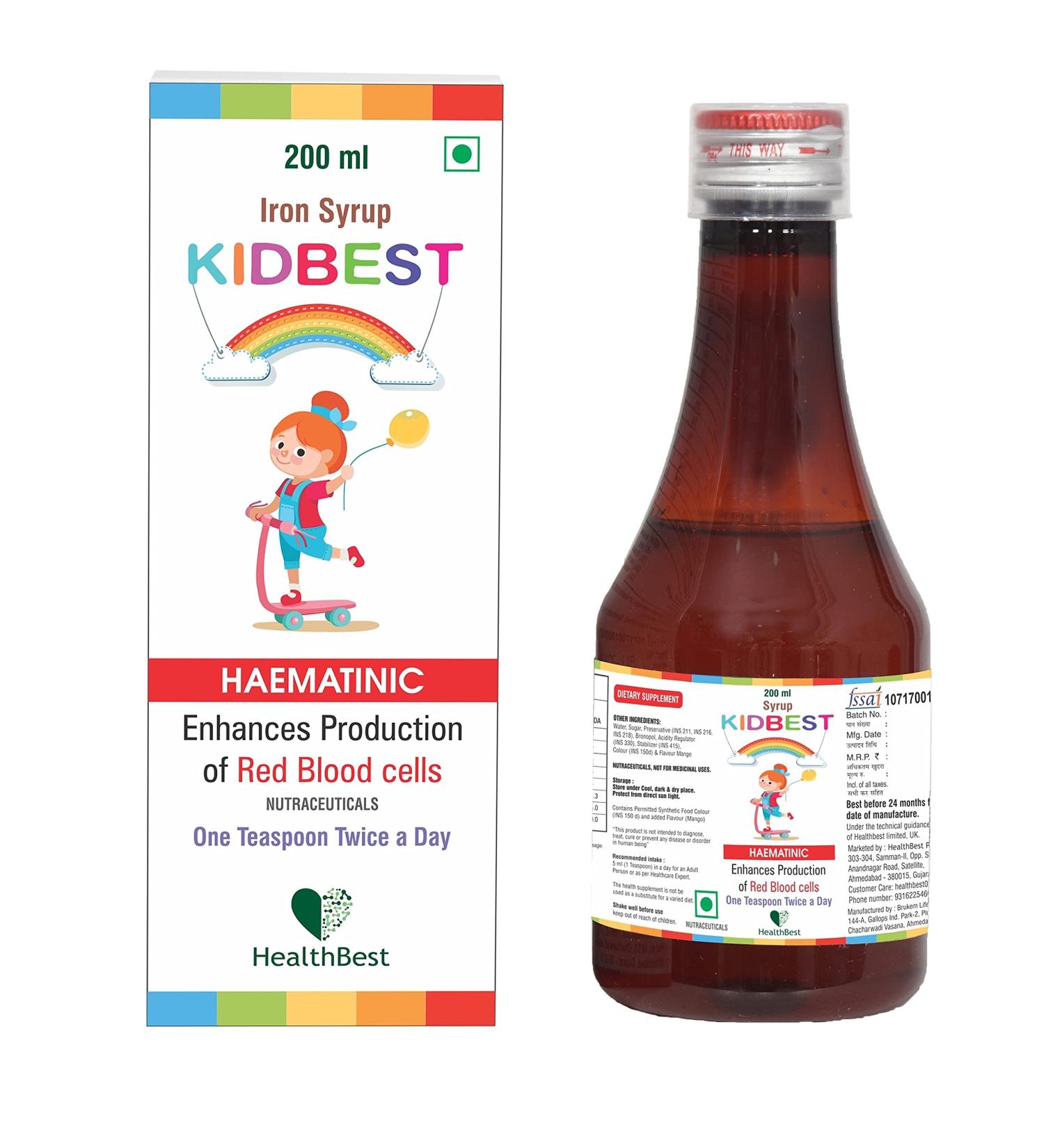 HealthBest Kidbest Iron Syrup with Zinc and Folic Acid - 200 ML - Buy Online on GoSupps.com