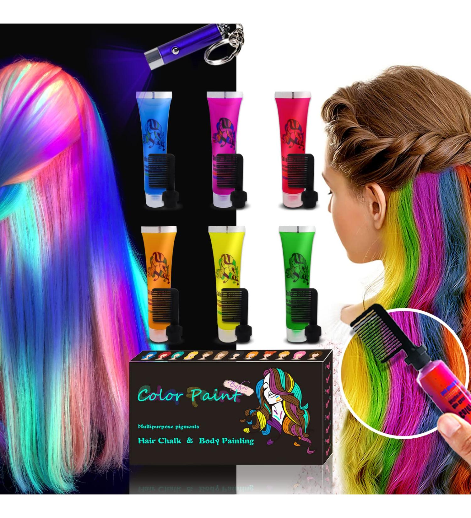 Temporary Hair Dye  Glow in the Dark Paint for Hair & Body  Super Hair Chalk for Girls  Kids Hair Dye for Party Supplies  Unique Hair Coloring Product Gifts for Kids Glow_Red_Blue_Sliver_Green_Yellow_Purple - Buy Online on GoSupps.com