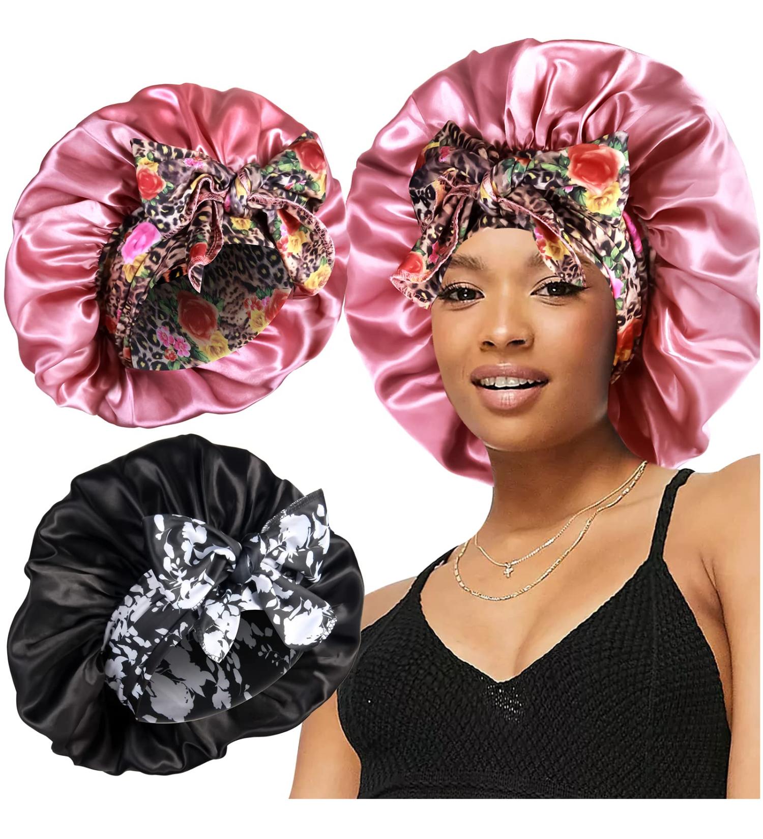 2pcs Large Silk Bonnets with Tie Band for Sleeping Curly Hair - A-black & Rose Gold - Buy Online on GoSupps.com