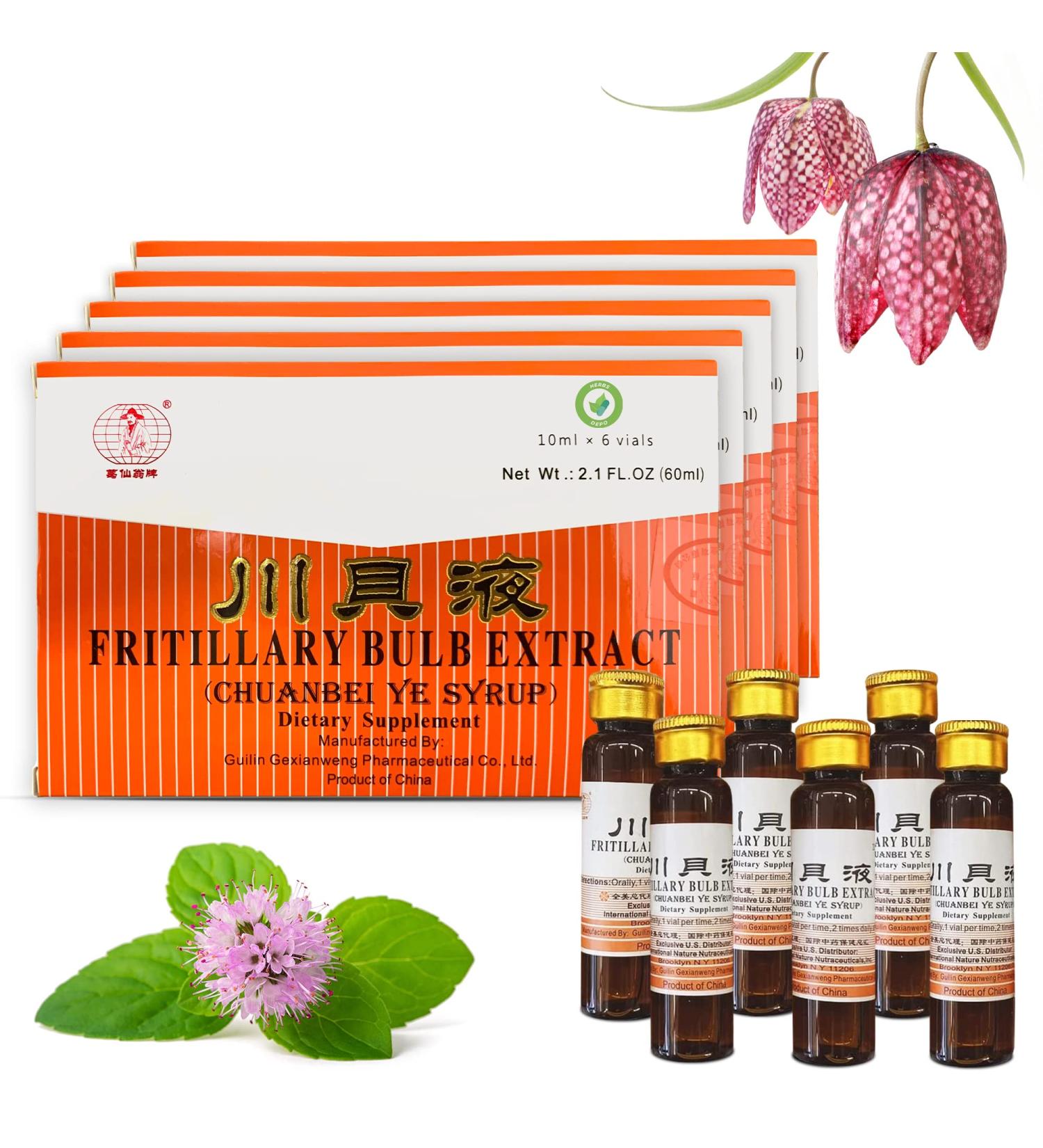 5 Pack of HerbsDepo Fritillary Bulb Extract - Sweet Delicious Non Drowsy and Effective Oral Liquid Dietary Supplement Cough Syrup (Chuanbei Ye Syrup) - 30 Bottles (10 ml per) - Buy Online on GoSupps.com