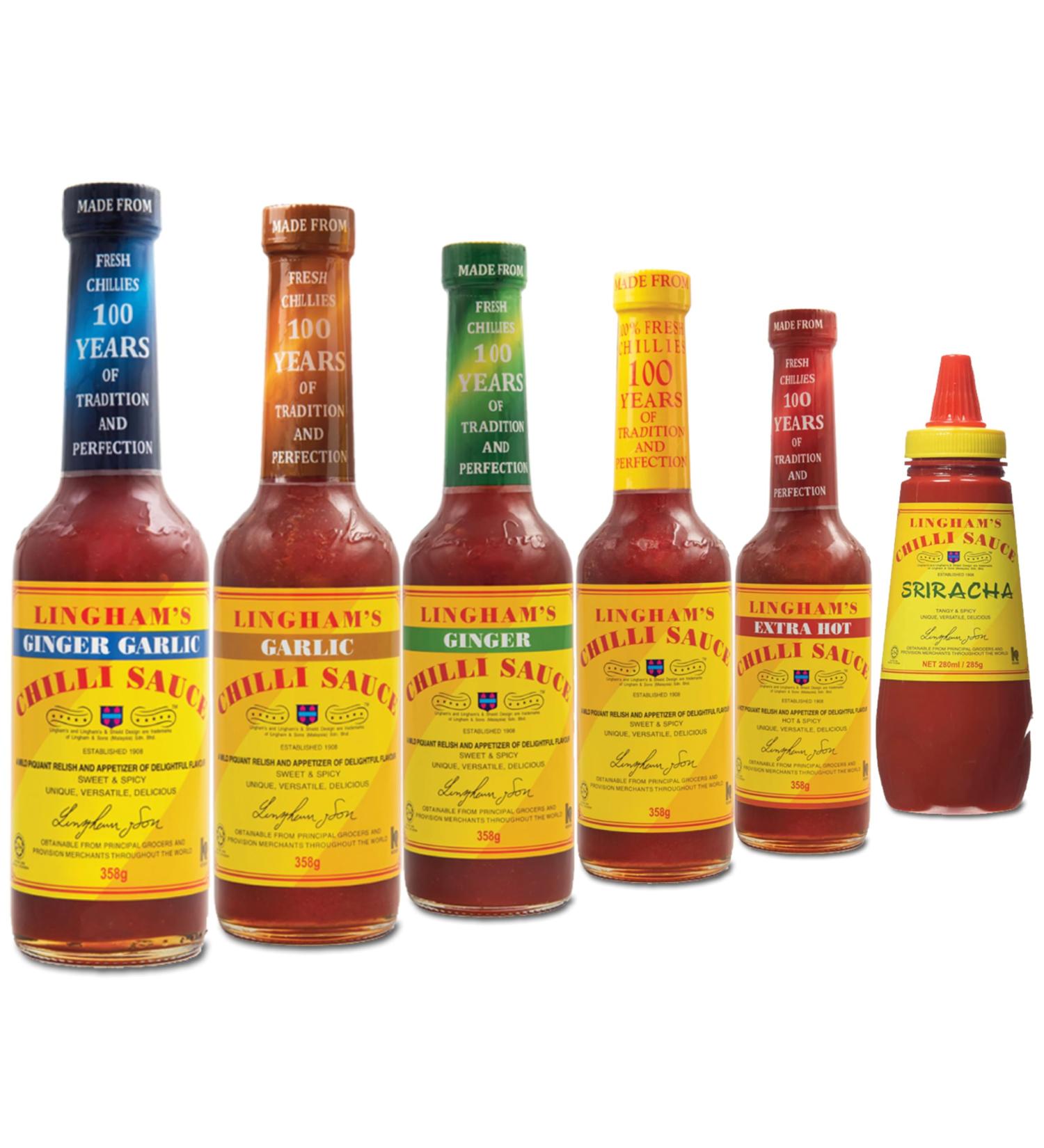 Linghams Sauce Pick N Mix - Choose From 6 Flavours | C Ginger Garlic Chilli Original Chilli Extra Hot Chilli Sriracha | 2 Pack (280ml each) - Perfect Sauce Gift Set for Sauce Lovers - Buy Online on GoSupps.com