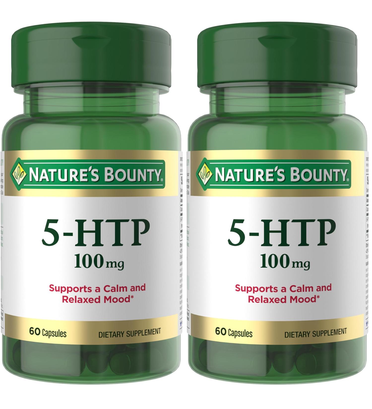 Nature's Bounty 5-HTP Pills and Dietary Supplement Supports a Calm and Relaxed Mood 100mg 60 Capsules (Pack of 2) - Buy Online on GoSupps.com