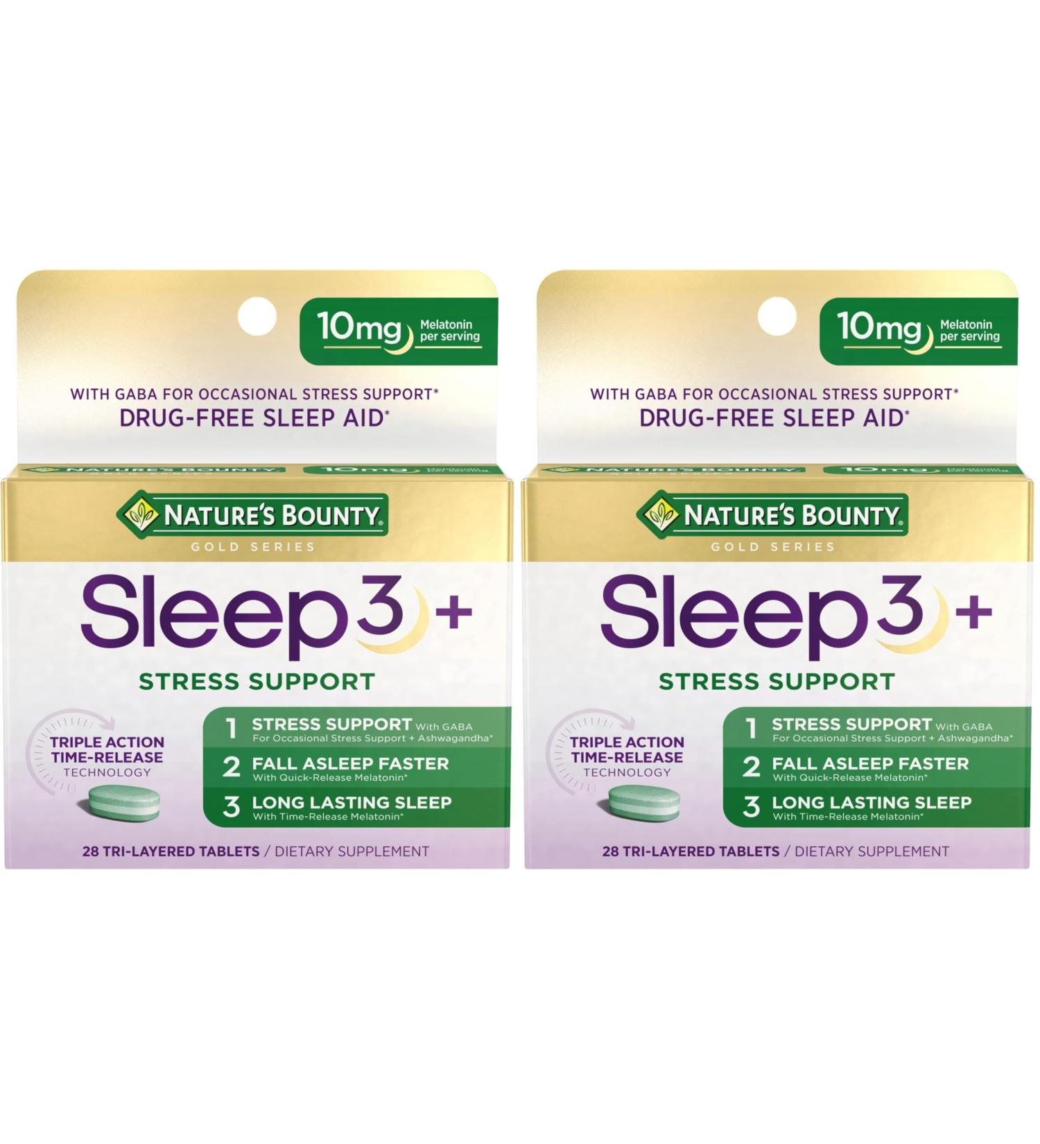 Nature's Bounty Sleep + Stress Support Sleep3 Maximum Strength 100% Drug Free Sleep Aid Dietary Supplement with Ashwagandha Time Release Technology 10mg 28 Tri-Layered Tablets (Pack of 2) - Buy Online on GoSupps.com