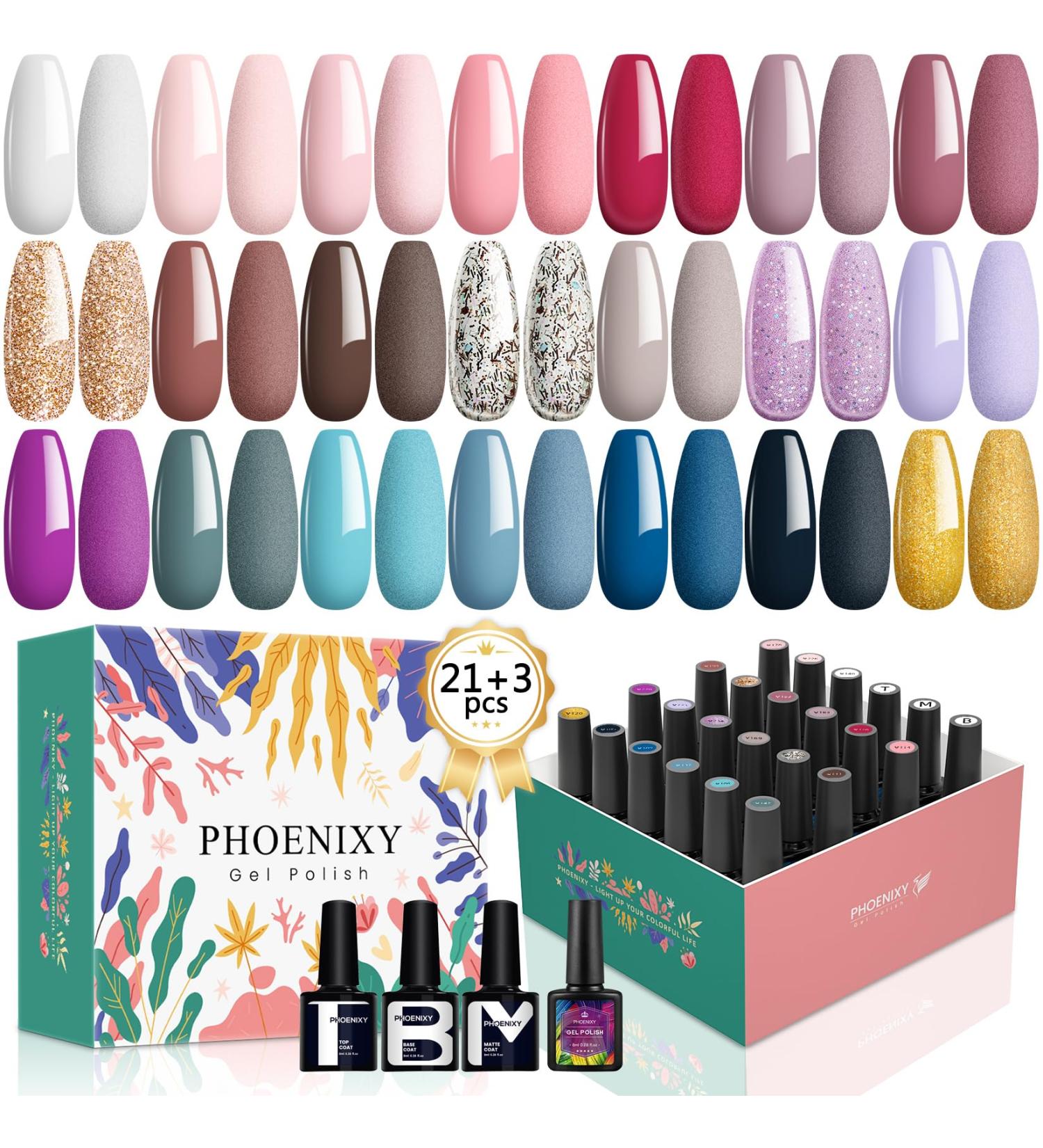 Phoenixy 21+3 Pcs Autumn Winter Gel Nail Polish Set - Soak Off UV Gel Nail Polish with Base Top Coat - Christmas Nail Art Manicure Gifts for Women - Pinkish Blue (24pcs) - Buy Online on GoSupps.com