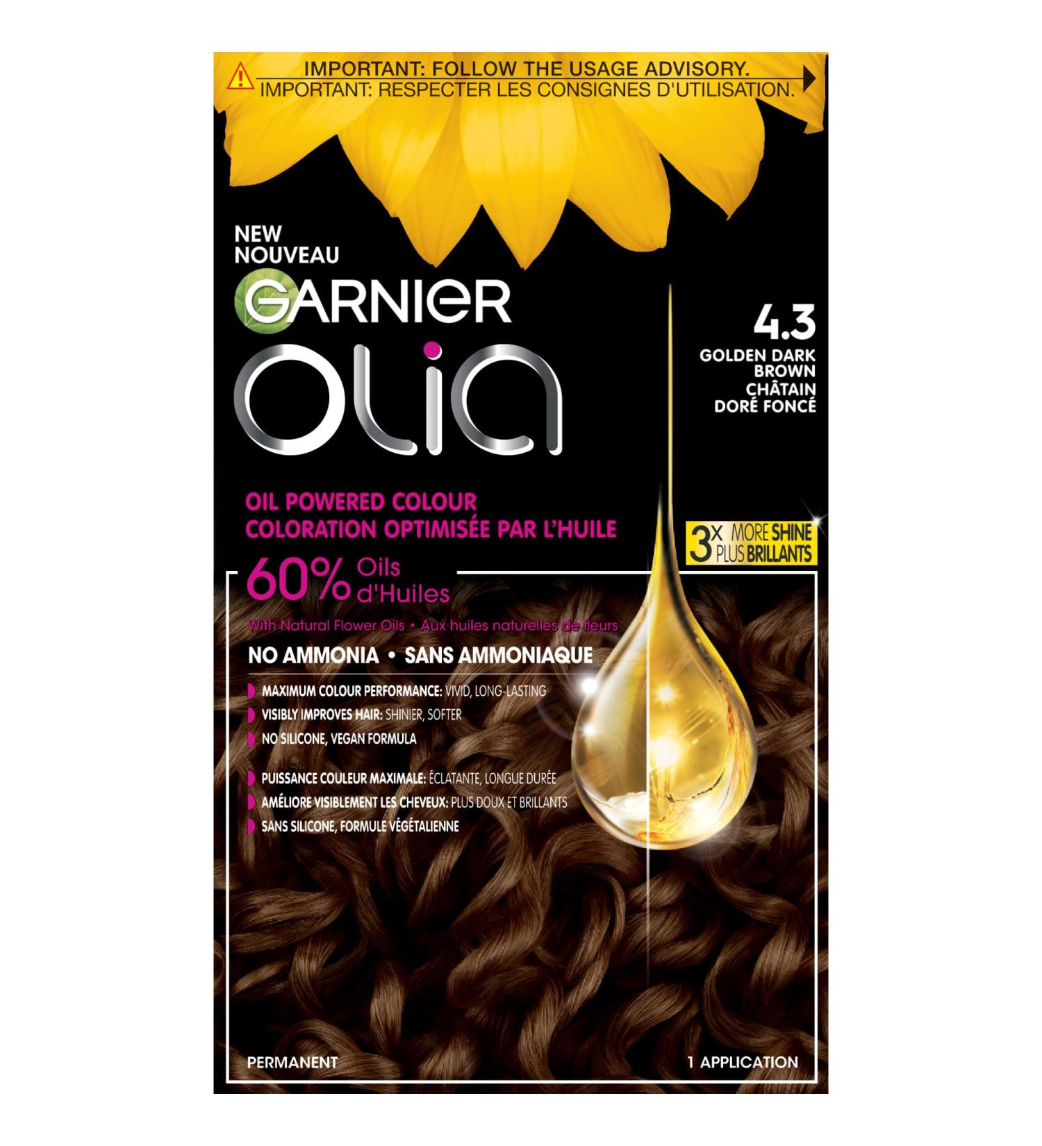Garnier Olia Permanent Hair Dye Ammonia-Free Hair Color 4.3 Golden Dark Brown 100% Grey Coverage Long-Lasting Hair Shine With 60% Oils 1 Application BROWN SHADES 4.3 Golden Dark Brown - Buy Online on GoSupps.com