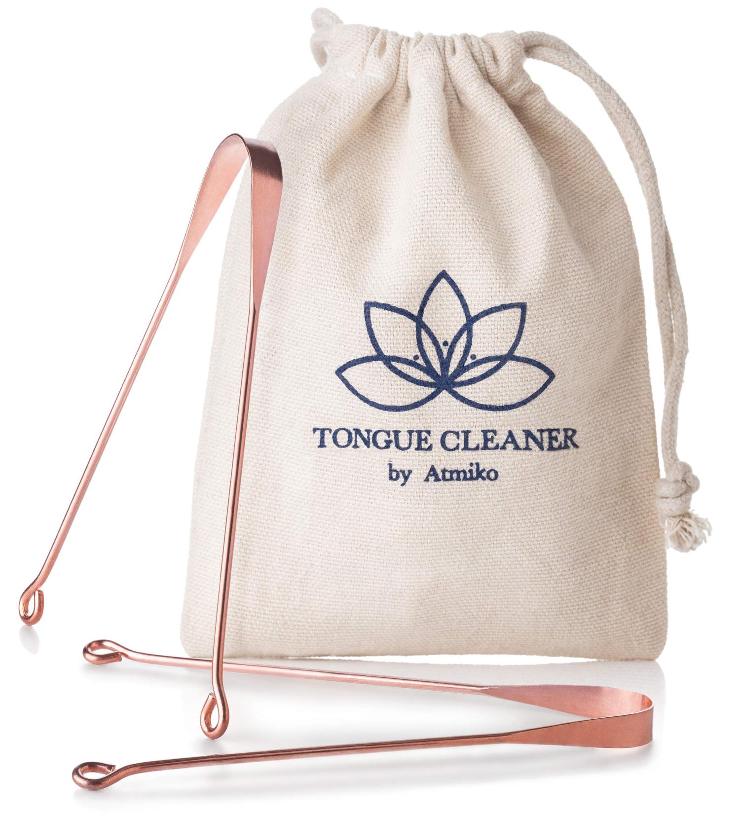 Atmiko Ayurvedic Tongue Scraper, Pack of 2 - Pure Copper Metal Tongue Cleaner for Daily Oral Hygiene | Fresh Breath & Health - Includes Cotton Pouch - Buy Online on GoSupps.com