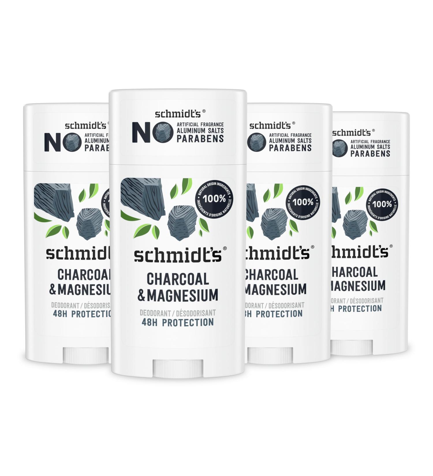 Schmidt's Aluminum-Free Vegan Deodorant Charcoal & Magnesium with 24 Hour Odor Protection 4 Count for Women and Men Natural Ingredients Cruelty-Free 2.65 oz - Buy Online on GoSupps.com