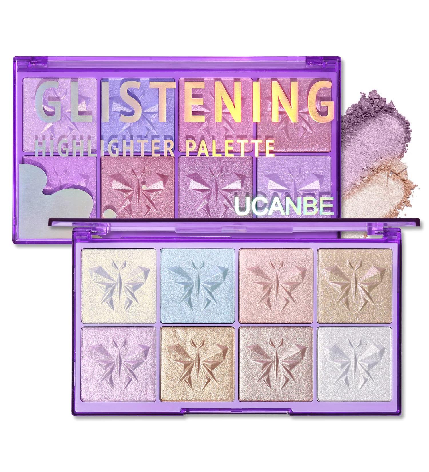 UCANBE Glistening Highlighter Makeup Palette - 8 Color Triple Baked Intensely Pigmented Powder for Luxurious Silky Shimmer Illuminating Glow - Buy Online on GoSupps.com