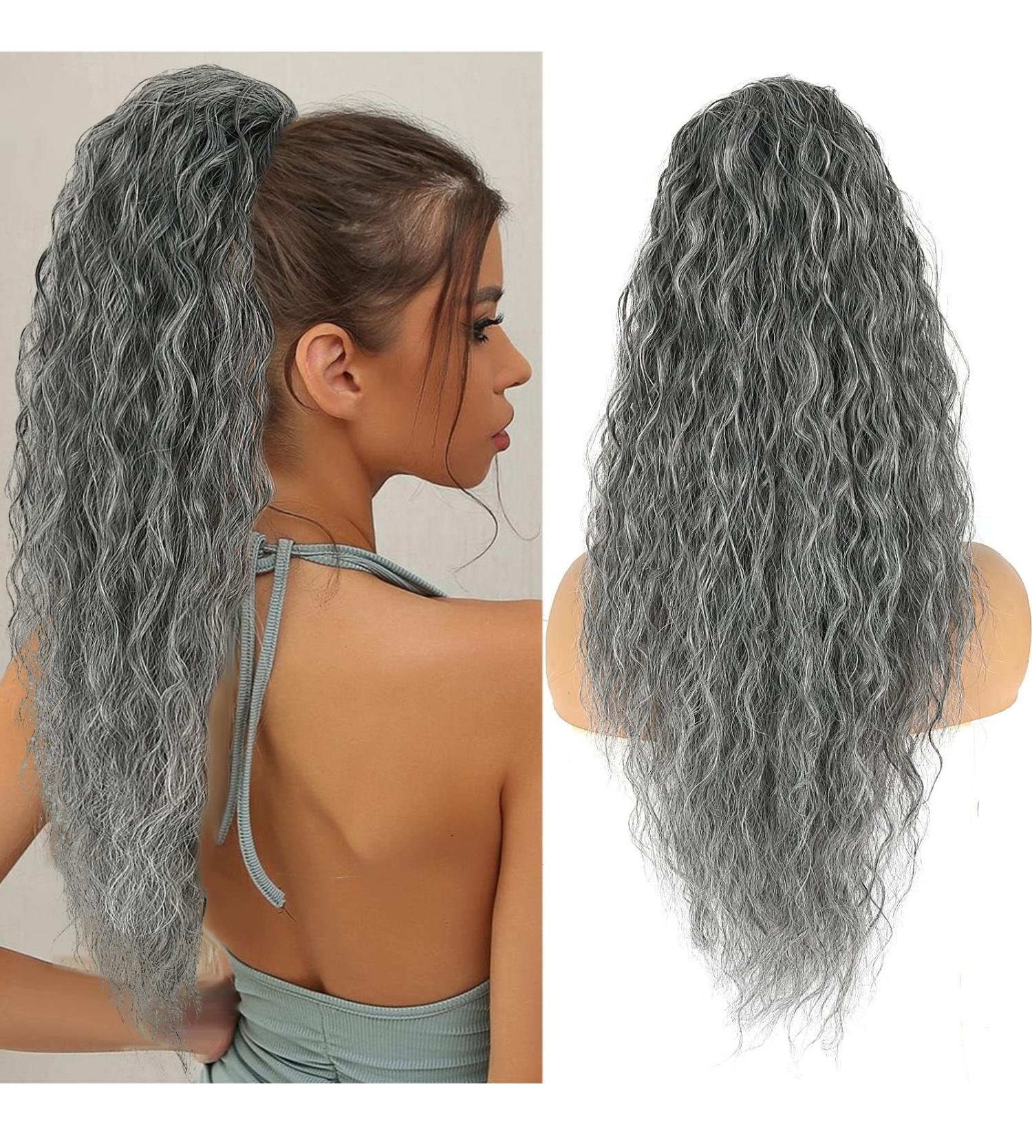 Jolelyne Gray Wavy Drawstring Ponytail Extension - Long Curly Synthetic Hair Clip In for Black Women - 28inch Grey Ponytail Extensions - Buy Online on GoSupps.com