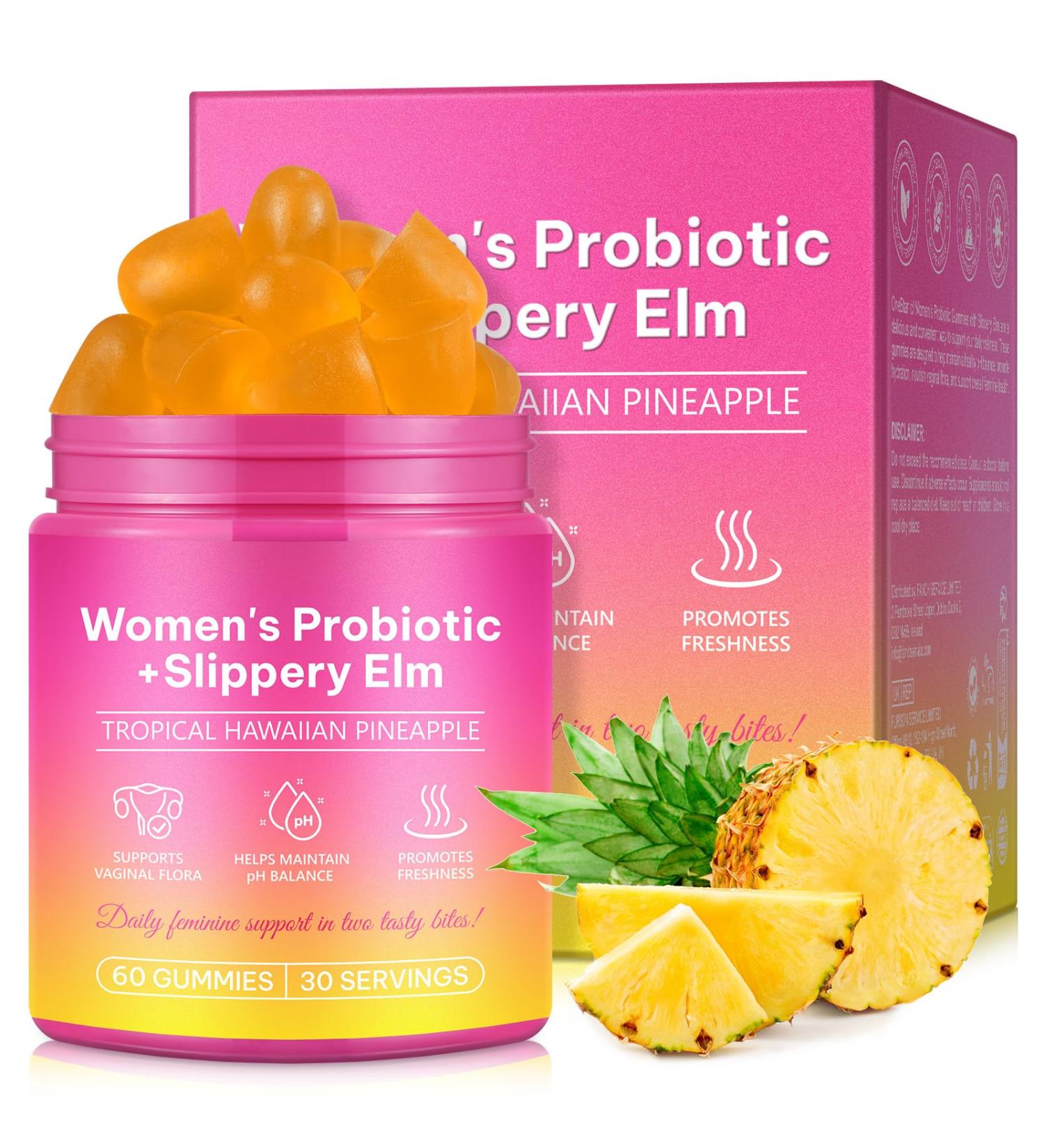 Feminine Probiotics Gummies for Women 60 Count Vaginal Probiotics Gummies with Slippery Elm Vegan for Women PH Balance Gut Health & Immune System Prebiotics & Lactobacillus Blend Pineapple Flavor - Buy Online on GoSupps.com