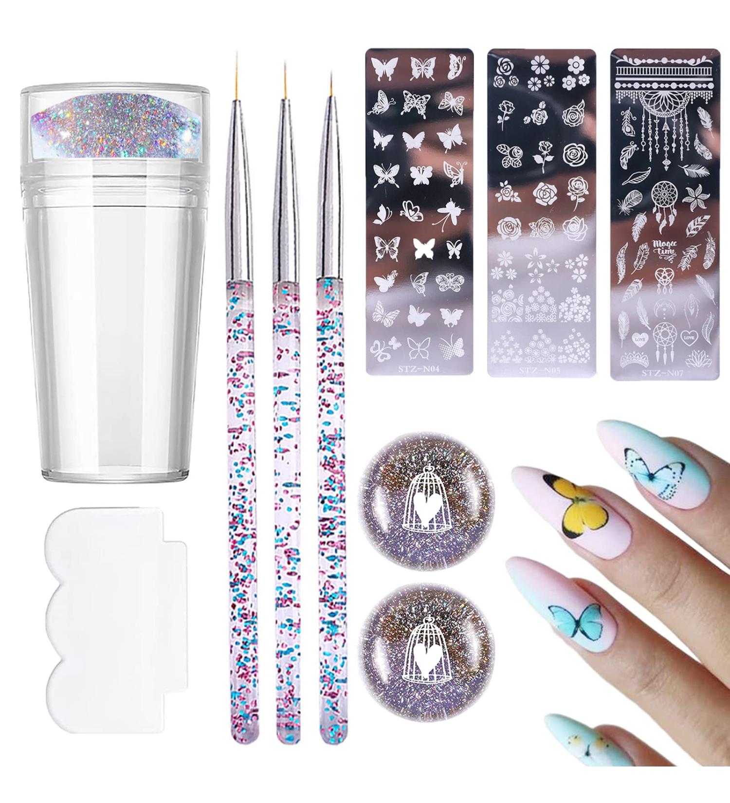 Nail Stamp Stamping Plate Kit Nail Stamping Plates Clear Silicone Stamping Jelly with Scraper and Silicone Nail Art Stamper Heads Nail Art Liner Brushes for Women Art Decoration - Buy Online on GoSupps.com