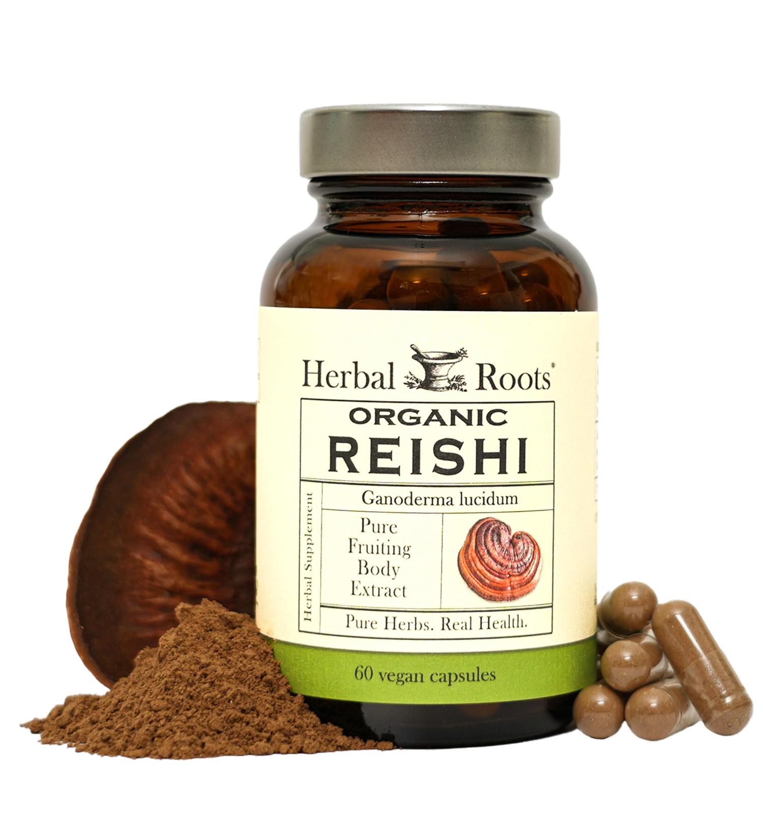 Herbal Roots Organic Reishi Mushroom Capsules - Made with Fruiting Bodies - Support Energy Vitality Immune & Heart Health - 60 Vegan Capsules - Buy Online on GoSupps.com
