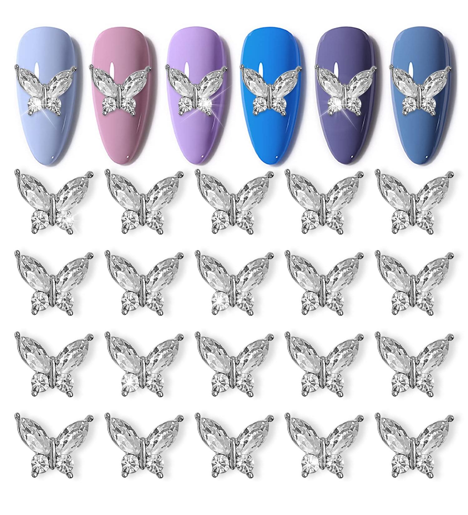 WOKOTO 20pcs 3D Butterfly Nail Charms for Women | Clear Crystal Rhinestone Decorations for Acrylic Nails | Silver Base Alloy Charms | Butterfly Nail Art Gems Kit - Buy Online on GoSupps.com