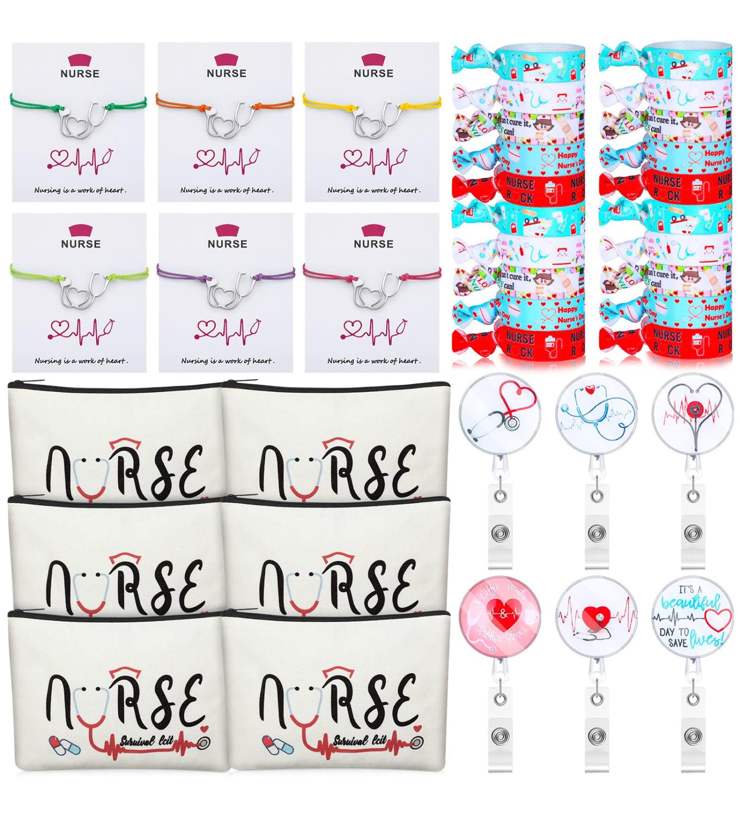 38 Pcs Nurse Appreciation Gift Set - Cotton Makeup Bag, Badge Holder Reel, Hair Elastic, Bracelet - Elegant Style - Buy Online on GoSupps.com