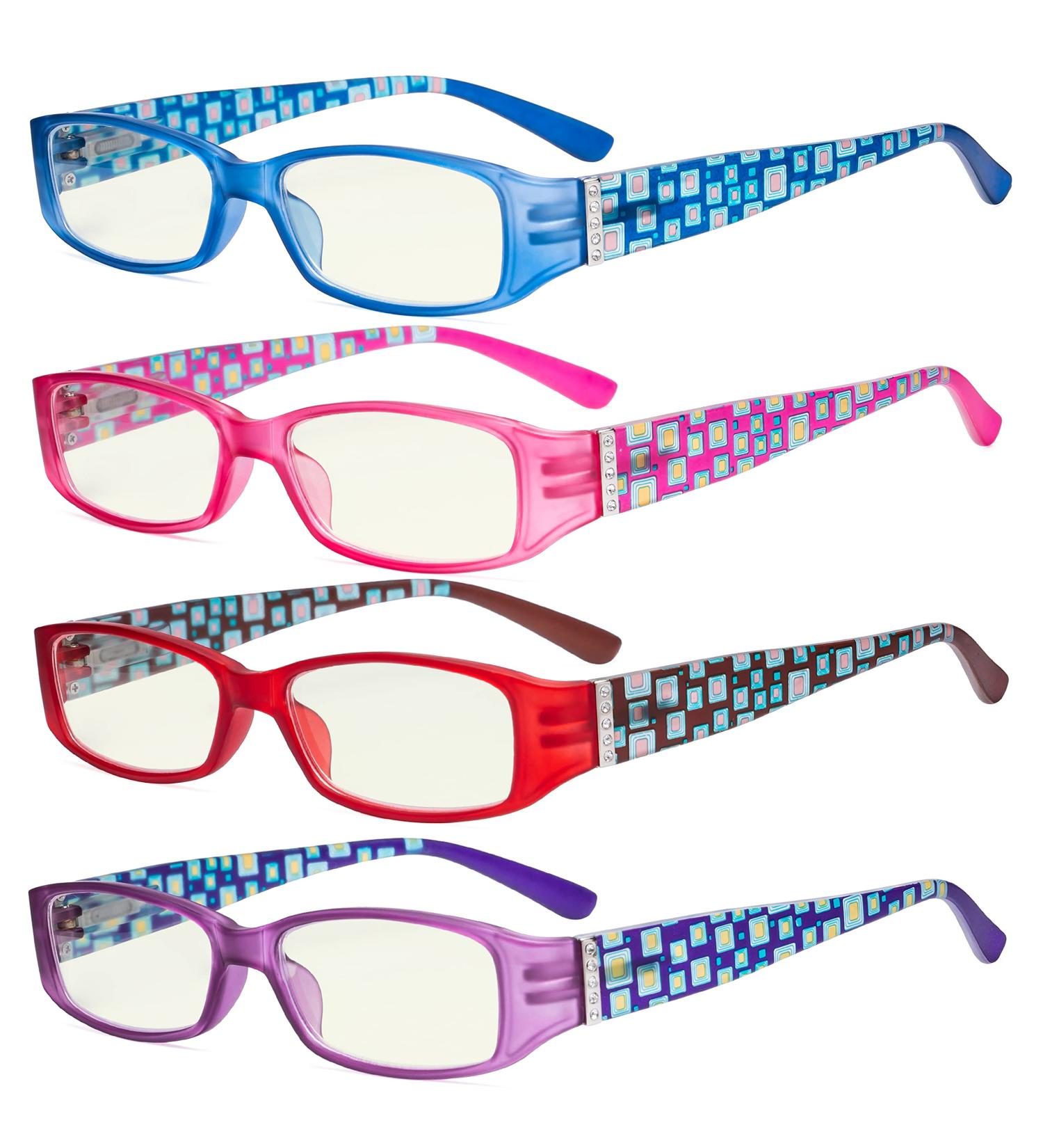 Eyekepper 4 Pack Blue Light Filter Readers - Stylish Computer Glasses +2.00 with Pattern Arms & Crystals Blue Light Blocking - Buy Online on GoSupps.com