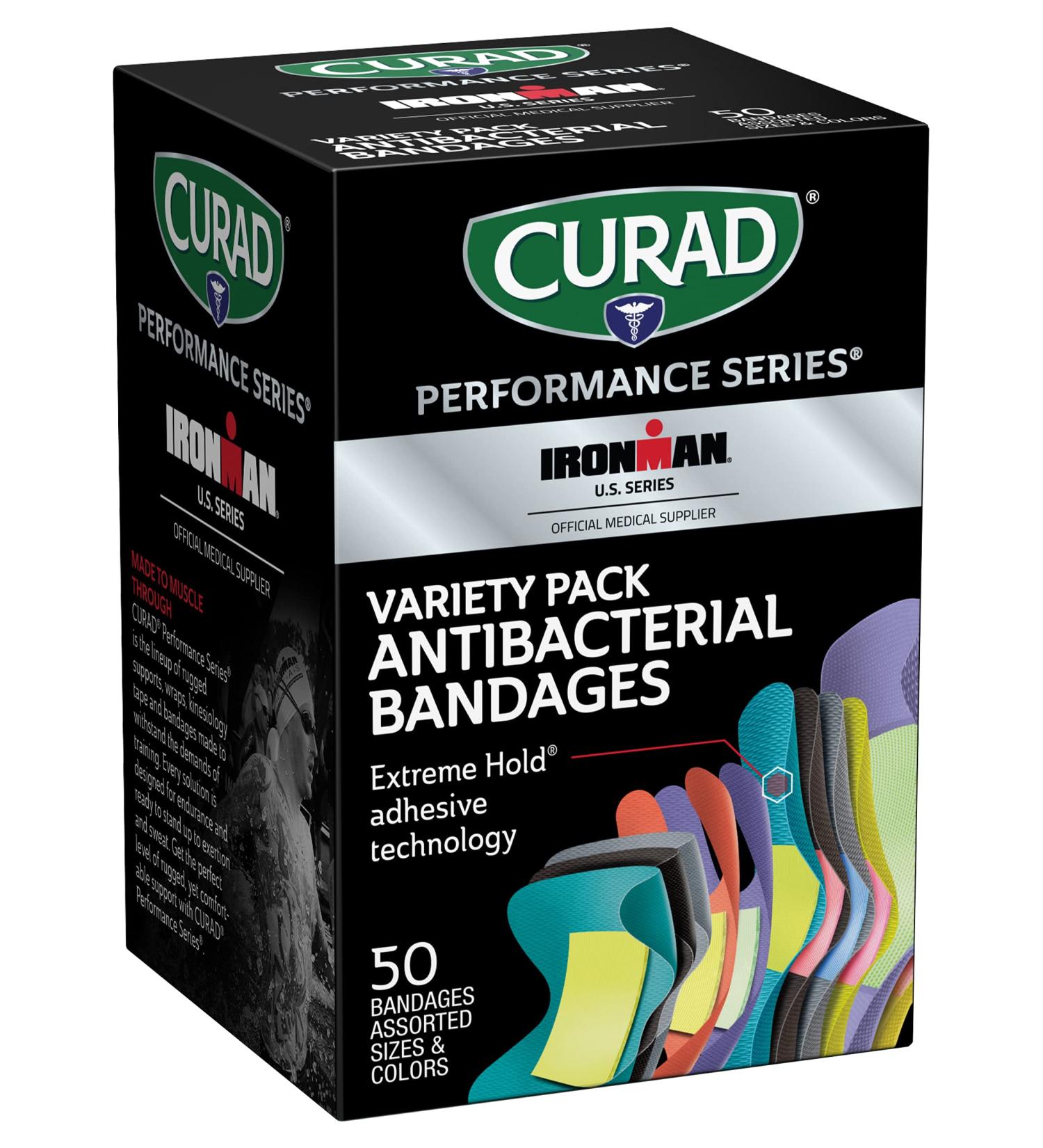 Curad Performance Series Ironman Antibacterial Bandages - Extreme Hold Adhesive Technology - Assorted Variety Pack (Standard, XL, Finger & Knuckle Fabric) - 50 Count - Buy Online on GoSupps.com