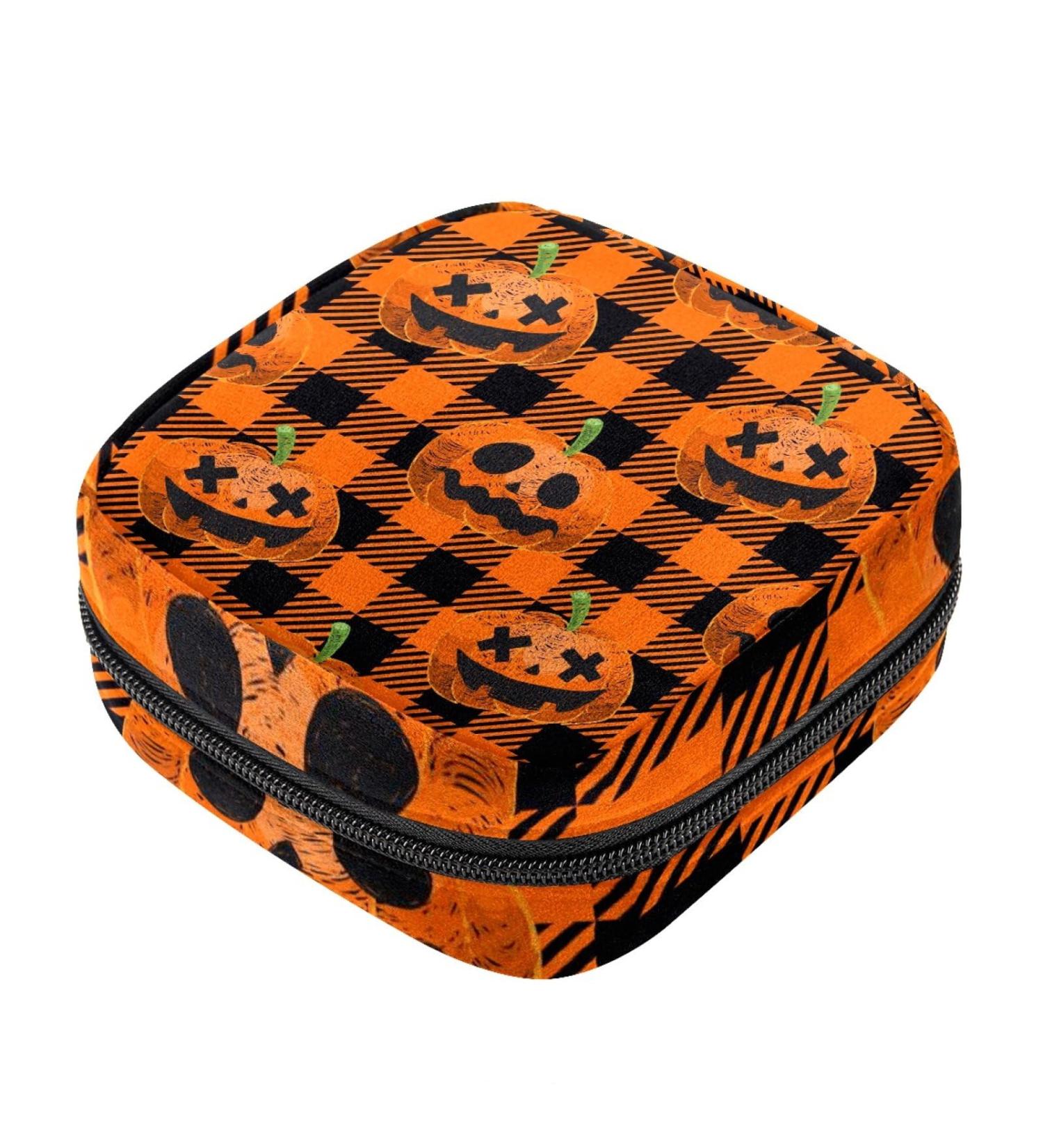 Halloween Pumpkin Plaid Sanitary Napkin Storage Bag | Portable Period Kit for Women & Teen Girls - Menstrual Cup & Tampon Pouch - Buy Online on GoSupps.com