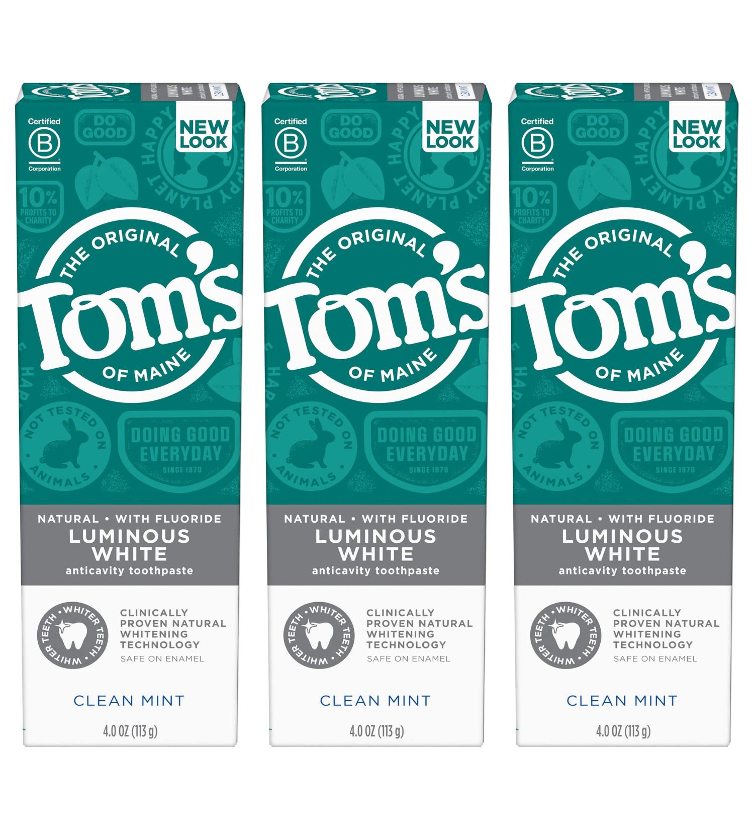 Tom's of Maine Natural Luminous White Toothpaste with Fluoride 4.0 oz 3-Pack - Clean Mint - Packaging May Vary - Buy Online on GoSupps.com