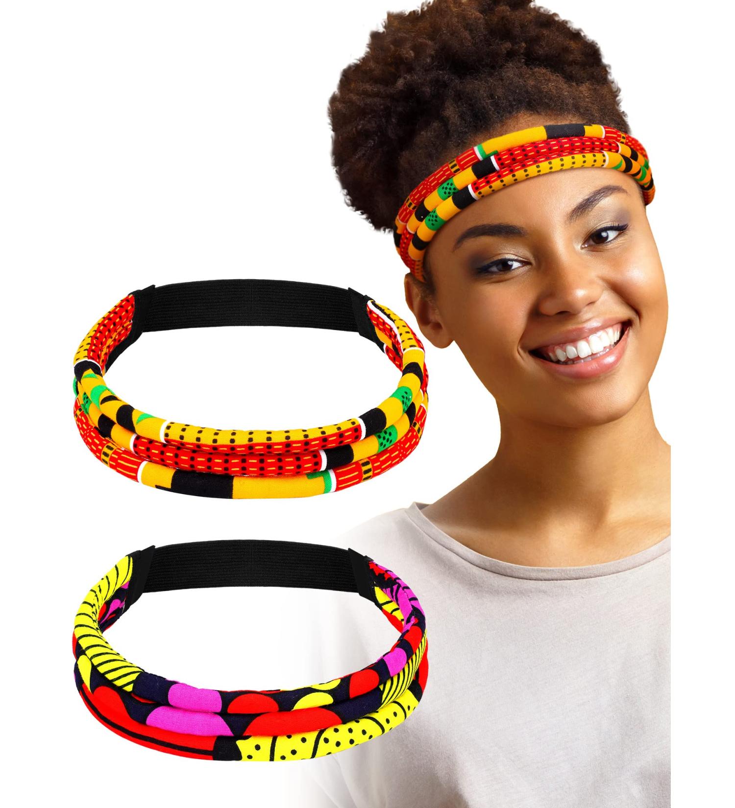 Hillban 2 Pcs African Headbands for Women - Retro Pattern Kente 3 Strand Headband - Colorful Afrocentric Hair Accessories for Women and Girls - Buy Online on GoSupps.com