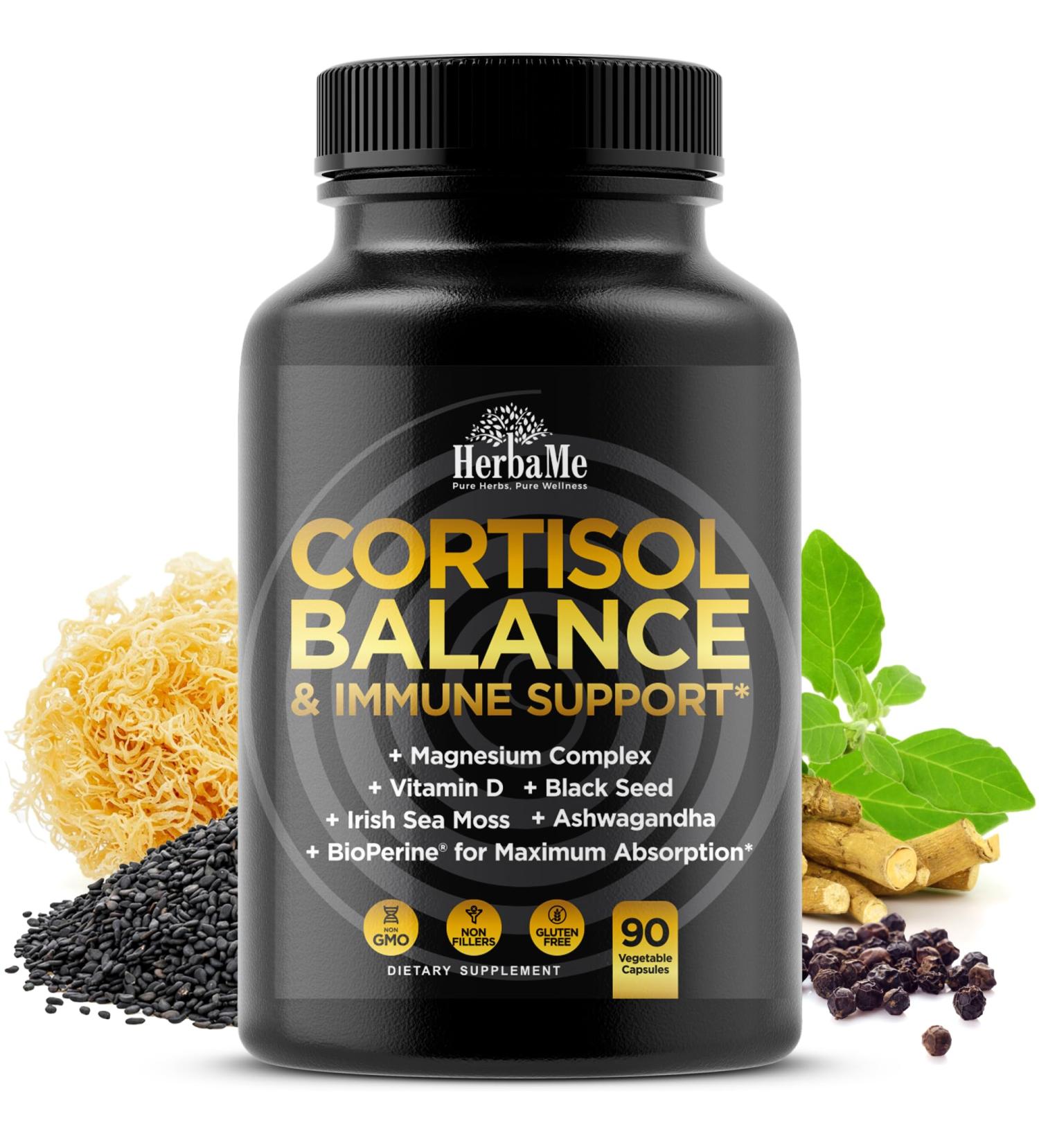 Cortisol Balance and Immune Support Supplement with Ashwagandha Irish Sea Moss Black Seed Vitamin D and Magnesium Complex | Mood Enhancer | Immunity Booster | Stress Relief Pills | 90 Capsules - Buy Online on GoSupps.com