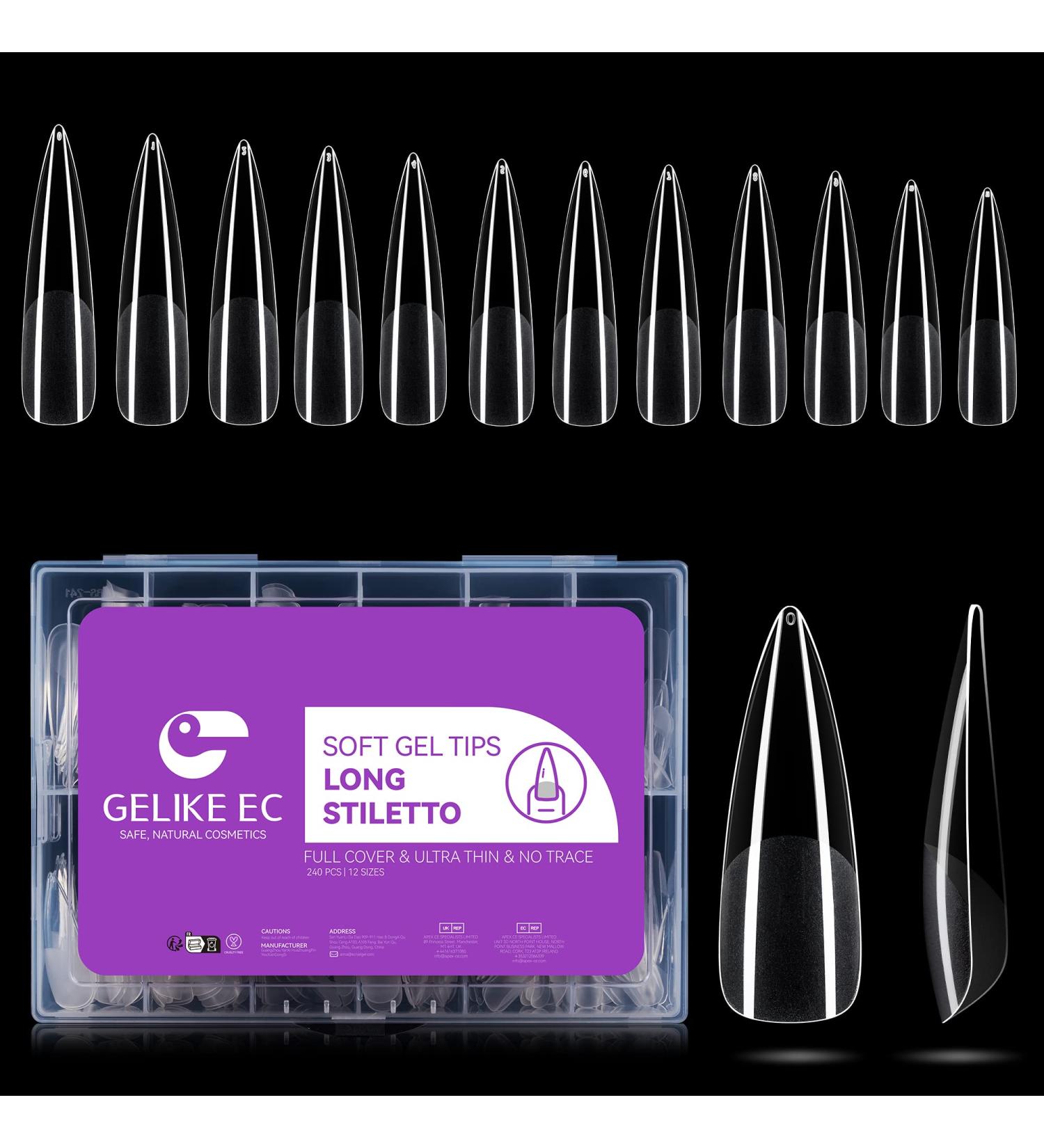 Gelike EC Long Stiletto Nail Tips - 240PCS Clear Full Cover Soft Gel Nails for Salon Extension | Pre-Shaped False Nails for Acrylic & Gel Polish - Buy Online on GoSupps.com