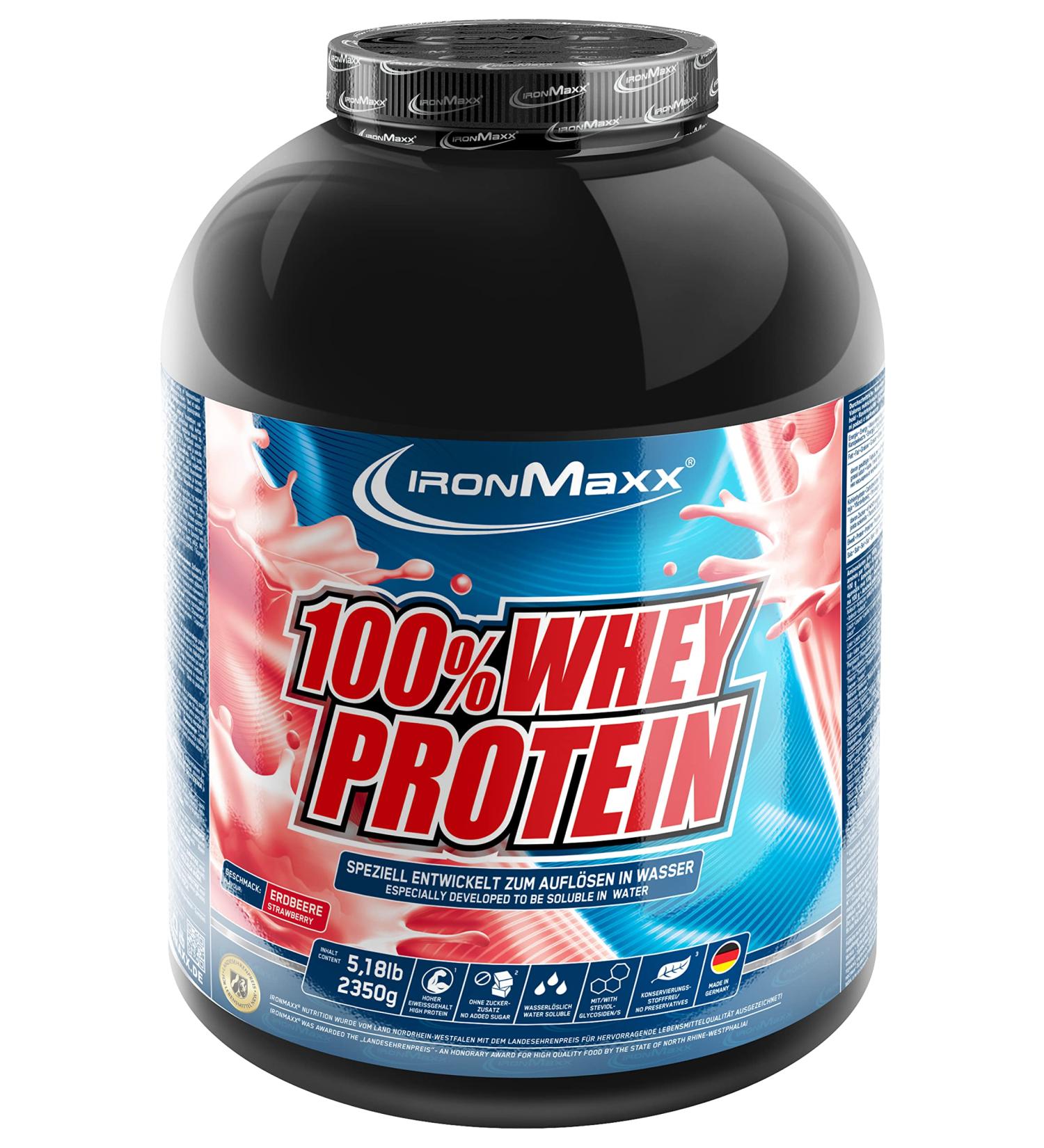 Buy Ironmaxx 100% Whey Protein Powder - Strawberry Flavor 2.35kg | Water-Soluble Low Sugar Fast Shipping Worldwide - Buy Online on GoSupps.com