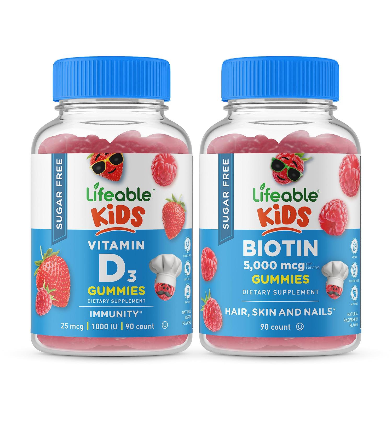Lifeable Sugar Free Vitamin D Kids + Biotin Kids Gummies Bundle - Great Tasting Vitamin Supplement Gluten Free GMO Free Chewable Gummy - Buy Online on GoSupps.com
