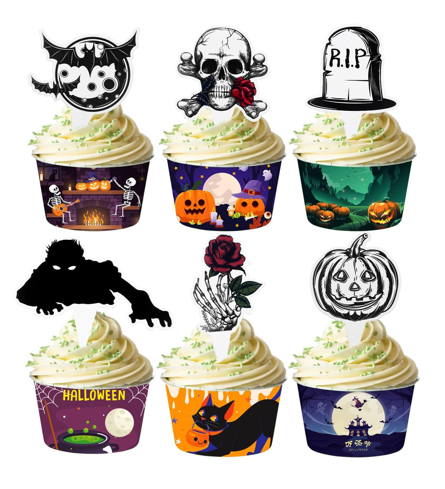 LEBERY 24Pcs Halloween Cupcake Toppers Halloween Cake Picks Tombstones Pumpkin Skull Bat Cupcake Food Picks Horror Halloween Cupcake Decorations Cake Topper for Halloween Theme Party Supplies - Buy Online on GoSupps.com