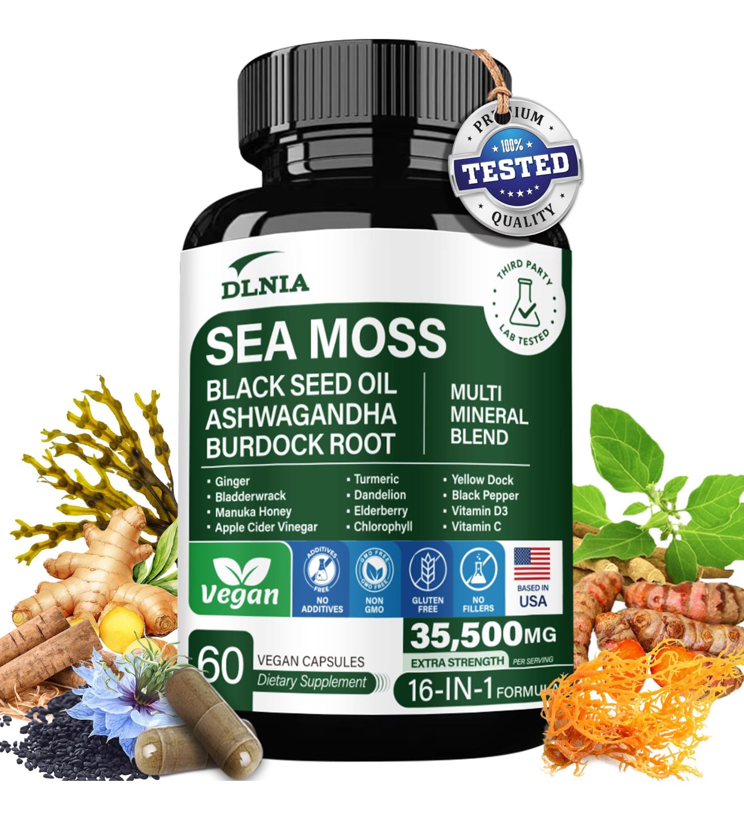 16-in-1 Organic Sea Moss Gel Alternative Capsules Superfood Blend with Ashwagandha, Black Seed Oil, Turmeric, Bladderwrack, Burdock, Elderberry, Manuka, Dandelion, Yellow Dock, Vitamin C & D3 - Buy Online on GoSupps.com