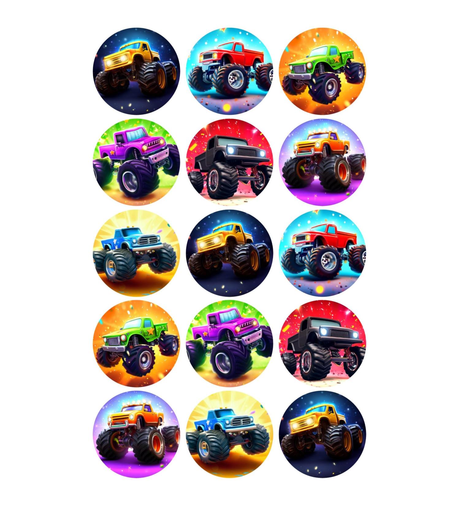 15 x Monster Truck Mix Edible Wafer Card Cupcake Toppers Cake Party Decorations