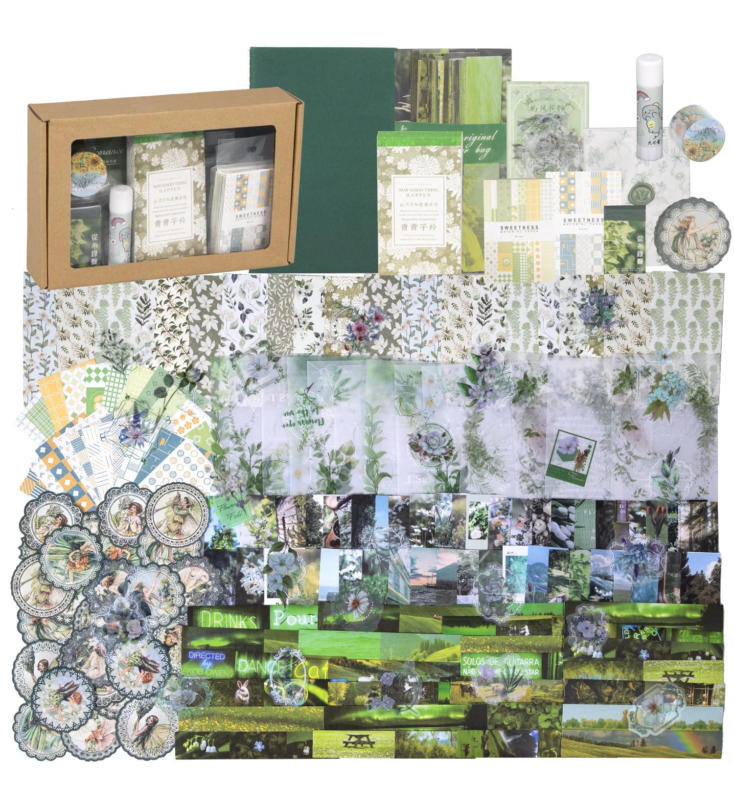 378pcs Green Vintage Scrapbook Kit | Aesthetic Stickers, Paper, and Supplies for Scrapbooking | Luxuriant Green Theme | Stationery and Craft Supplies for Girls and Women - Buy Online on GoSupps.com