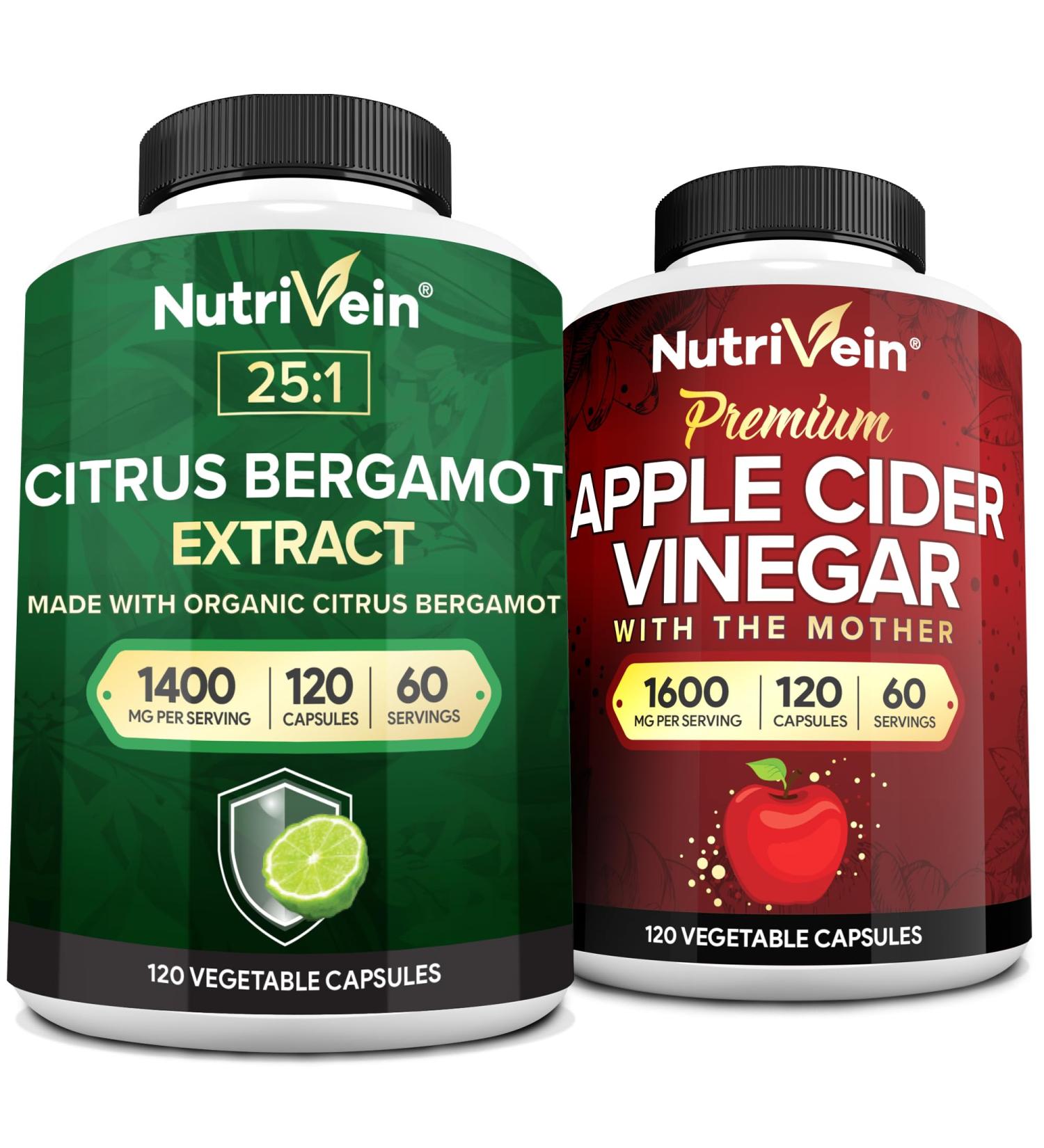 Nutrivein Premium Citrus Bergamot & Apple Cider Vinegar Supplements Bundle: Apple Cider Vinegar Capsules & 25:1 Citrus Bergamot Supplement for Vitality Digestion & Circulatory Wellness - Buy Online on GoSupps.com