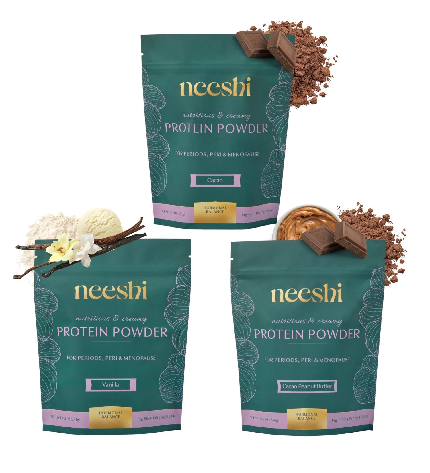 NEESHI Nourishing Protein Blend for Hormonal Balance Vegan Gluten-Free All-Natural Supports PMS & Menopause Relief 3-Week Supply 1 Ea Cacao Vanilla Cacao Peanut Butter Flavor