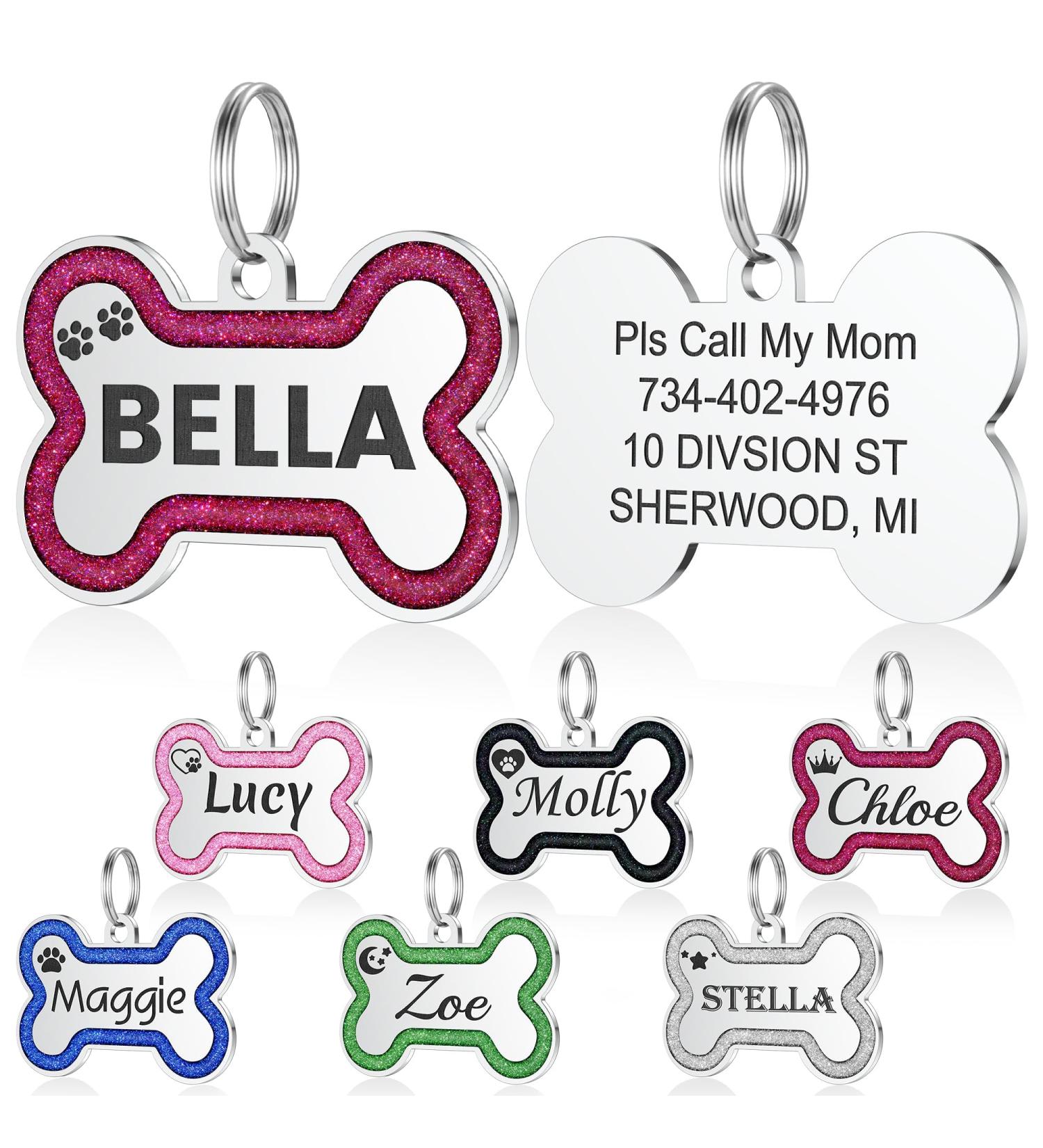 Yhananti Personalized Dog Tag - Engraved Stainless Steel Pendant for Small to Medium Dogs - Glitter Bone Design - Customizable with Name Phone Number & Address (Pink Red) - Buy Online on GoSupps.com