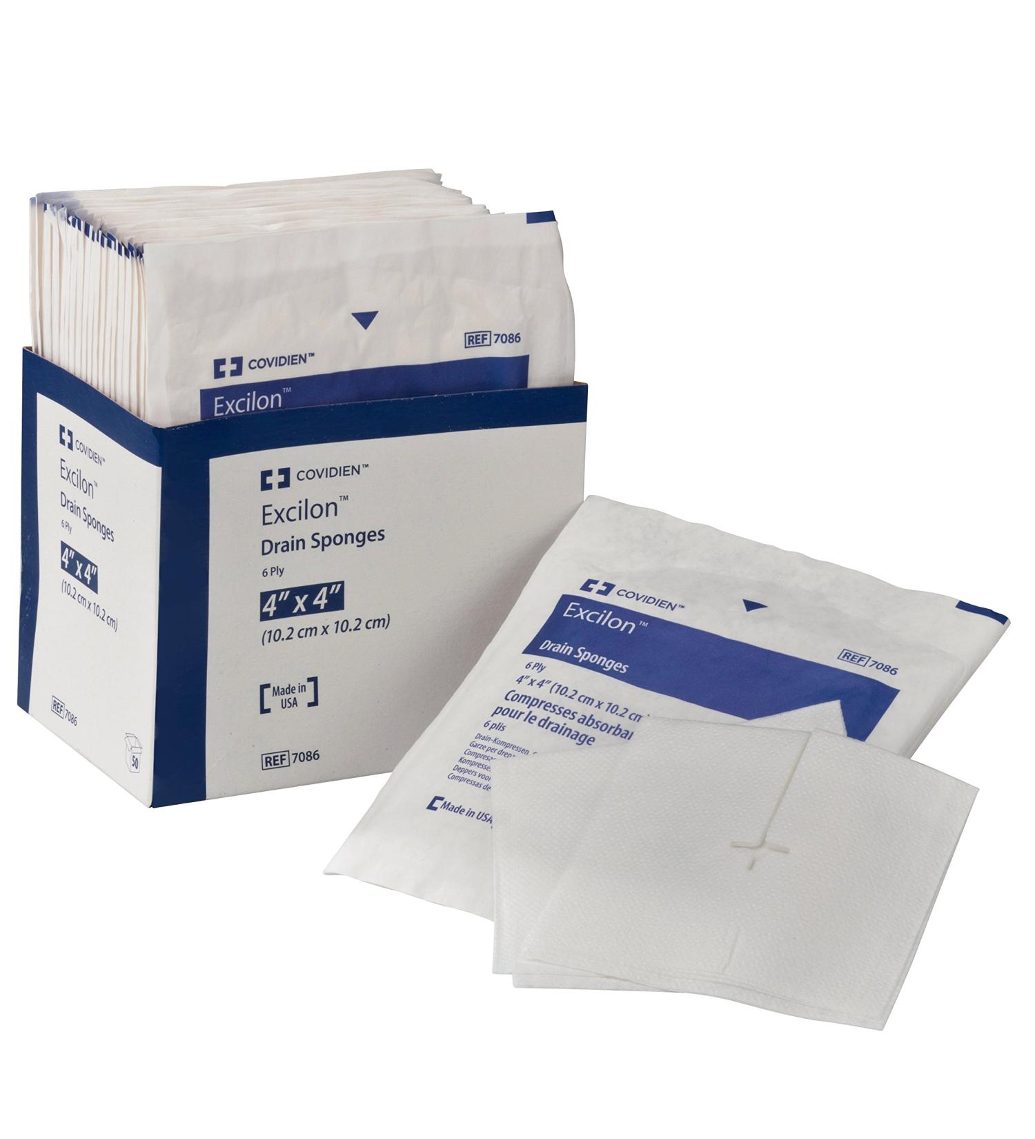 Covidien 7086 Excilon Drain Sponge, Sterile 2's in Peel-Back Package, 4" x 4", 6-ply (Pack of 50) - 1 box