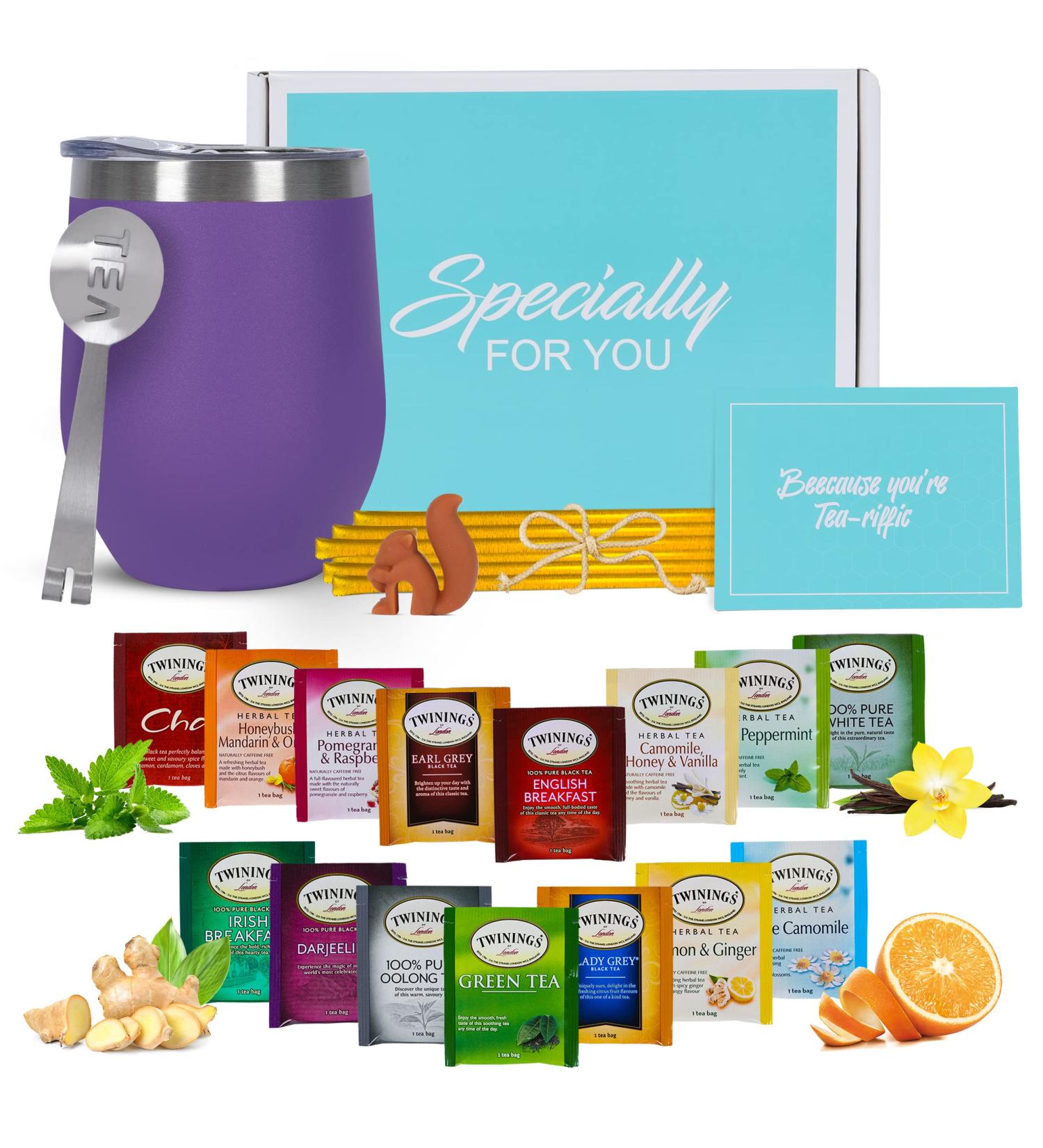 Tea Gift Set for Tea Lovers - 15 Unique Teas, Insulated Tea Cup, Honey Straws - Women's Tea Gift Box (Purple) - Buy Online on GoSupps.com
