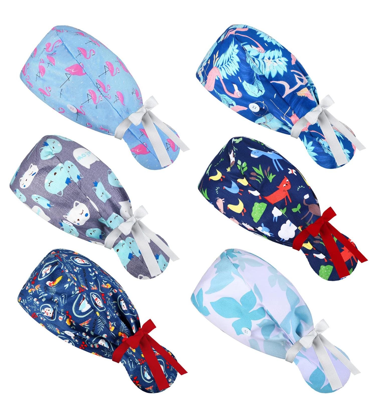 Adjustable Bouffant Hats Set with Buttons and Ribbon Print Head Tie - 6 Pieces - Buy Online on GoSupps.com