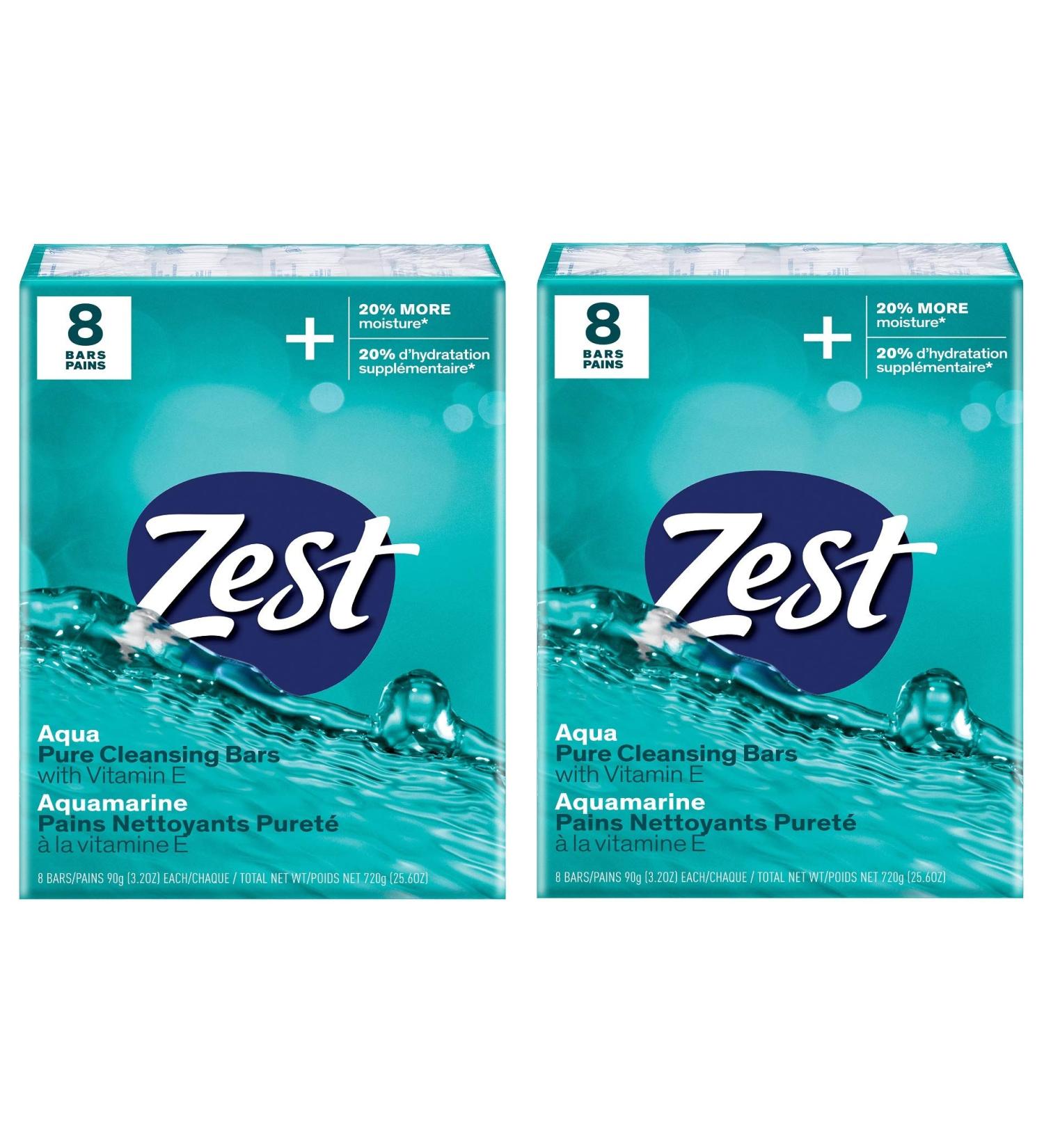 Zest Aqua Pure Cleansing Bar Soap 20% More Moisture 8 Count Pack of 2